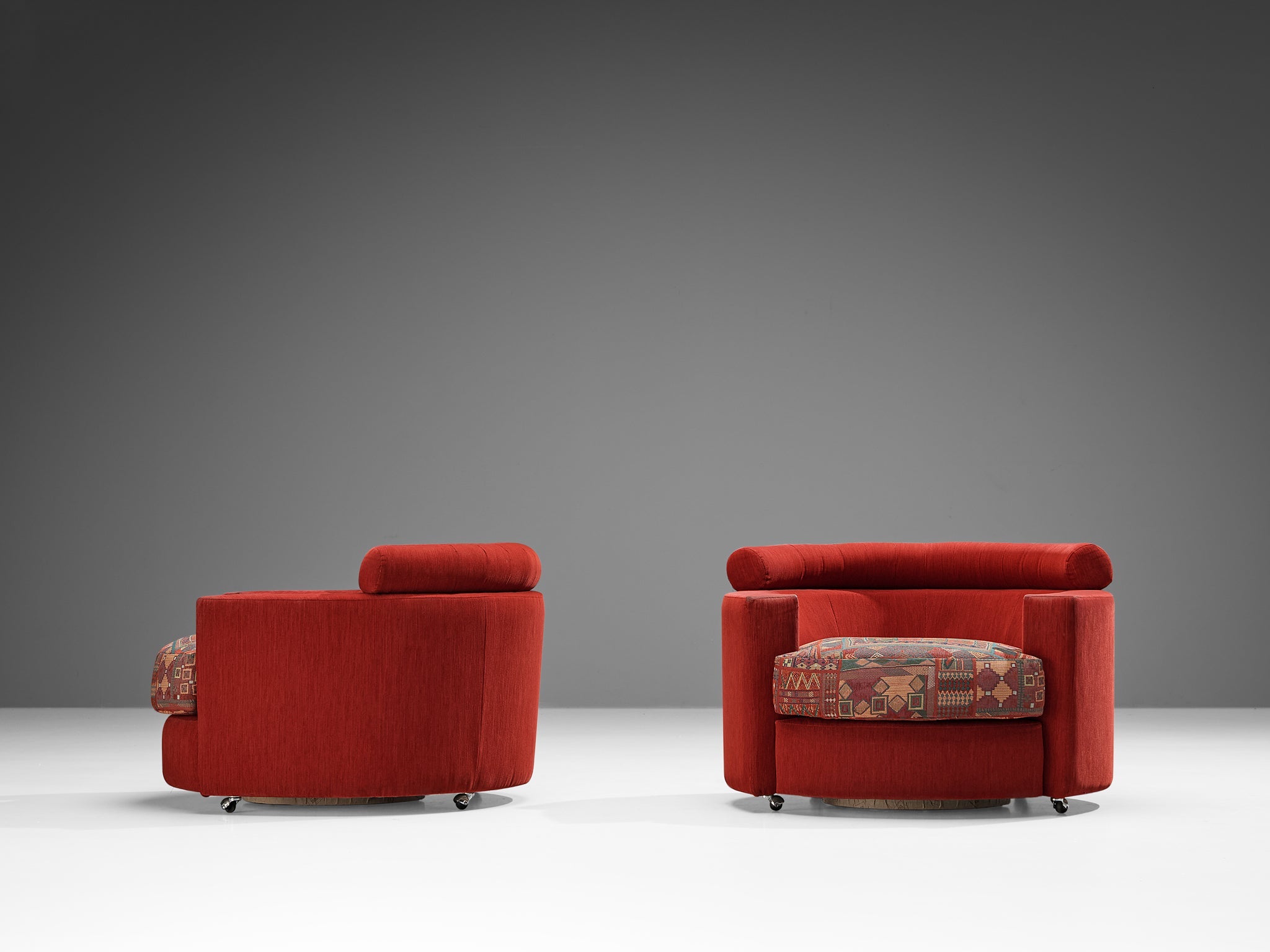 Roche Bobois Pair of Lounge Chairs in Red and Patterned Upholstery seating Morentz