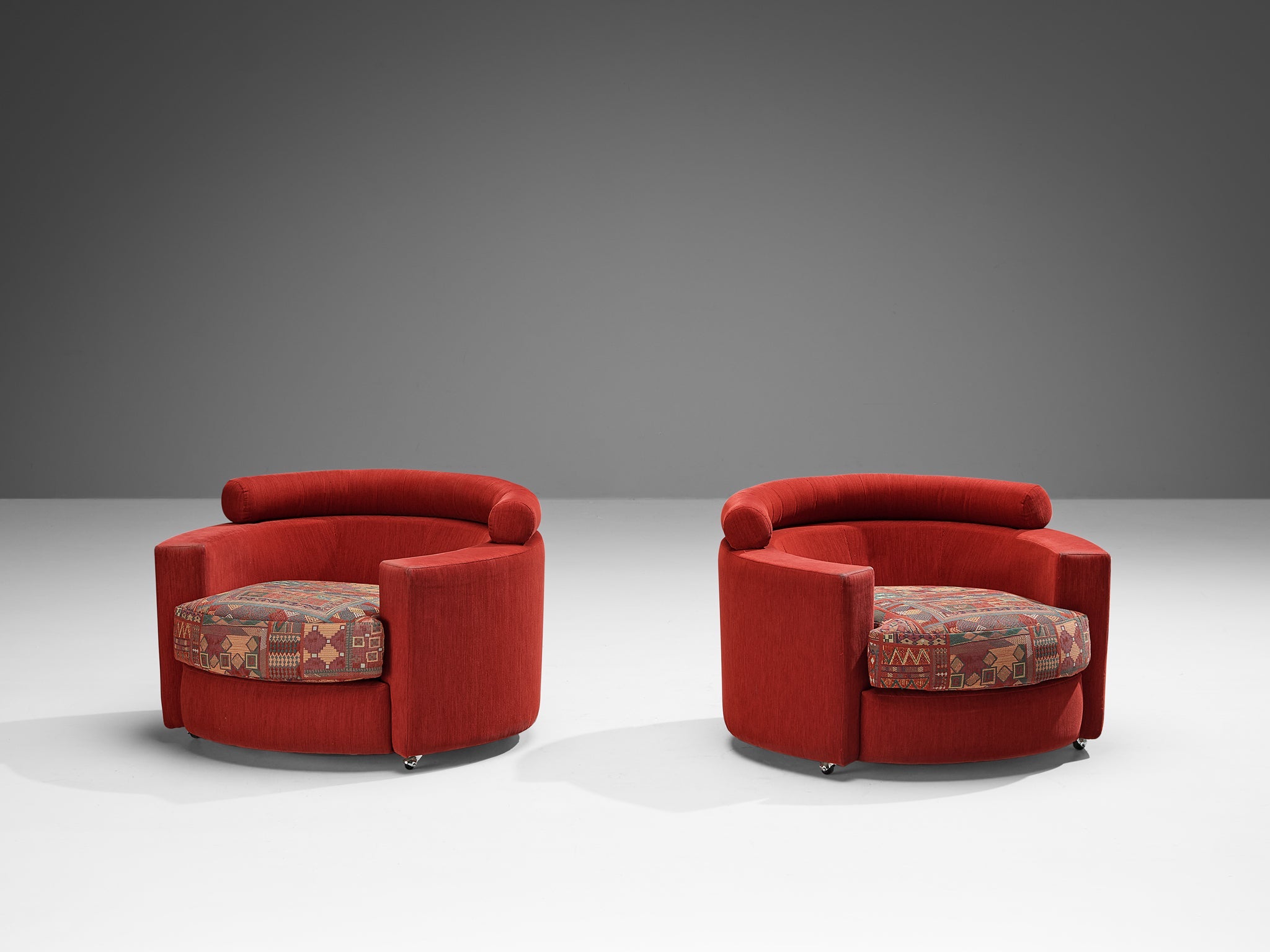 Roche Bobois Pair of Lounge Chairs in Red and Patterned Upholstery seating Morentz