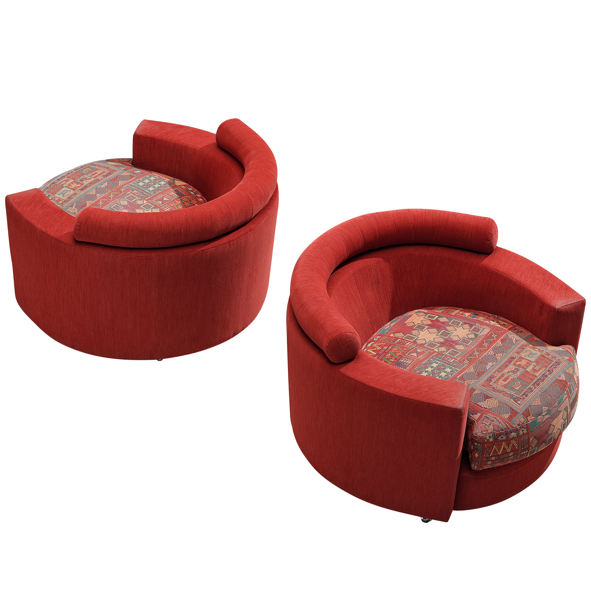 Roche Bobois Pair of Lounge Chairs in Red and Patterned Upholstery Seating Morentz