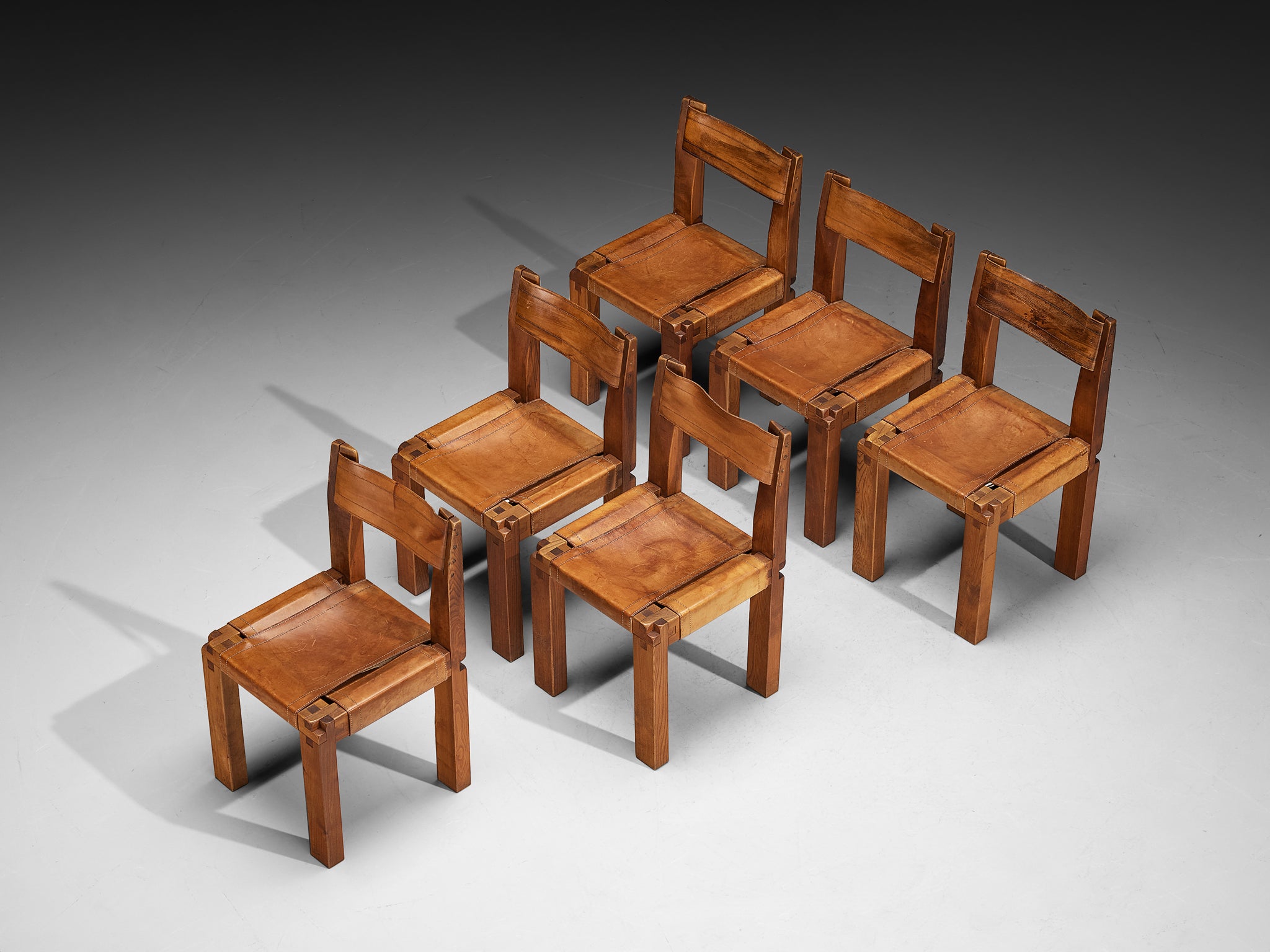 Early Pierre Chapo Set of Six 'S11' Dining Chairs in Elm and Cognac Leather Seating Morentz