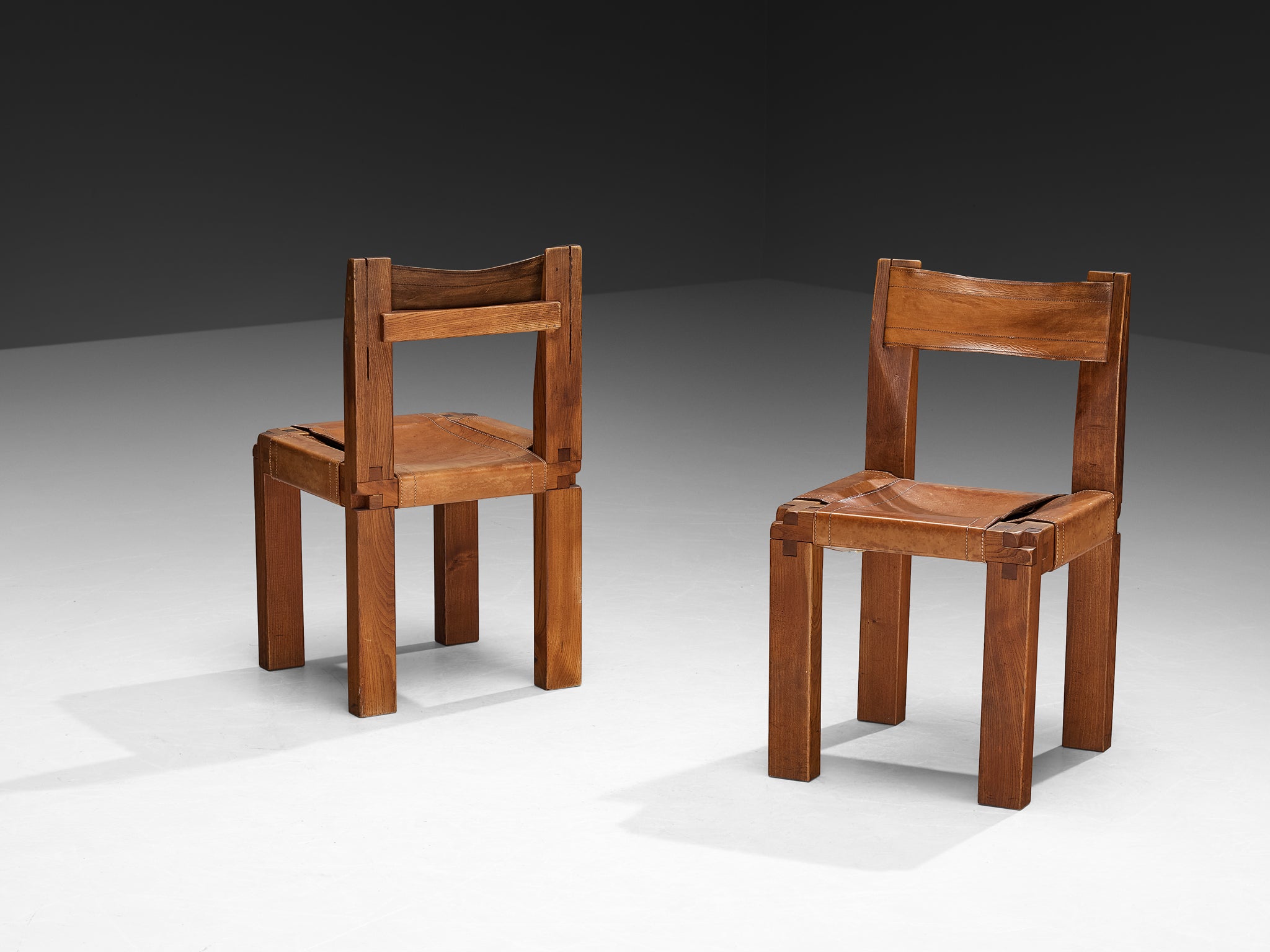 Early Pierre Chapo Set of Six 'S11' Dining Chairs in Elm and Cognac Leather Seating Morentz