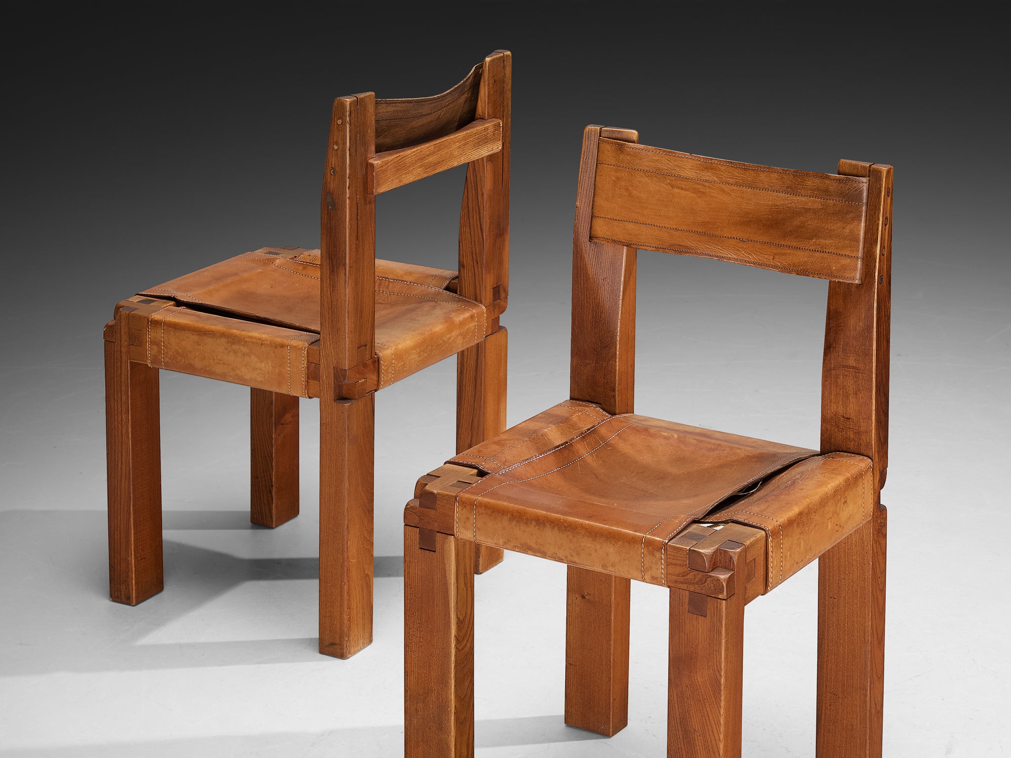 Early Pierre Chapo Set of Six 'S11' Dining Chairs in Elm and Cognac Leather Seating Morentz