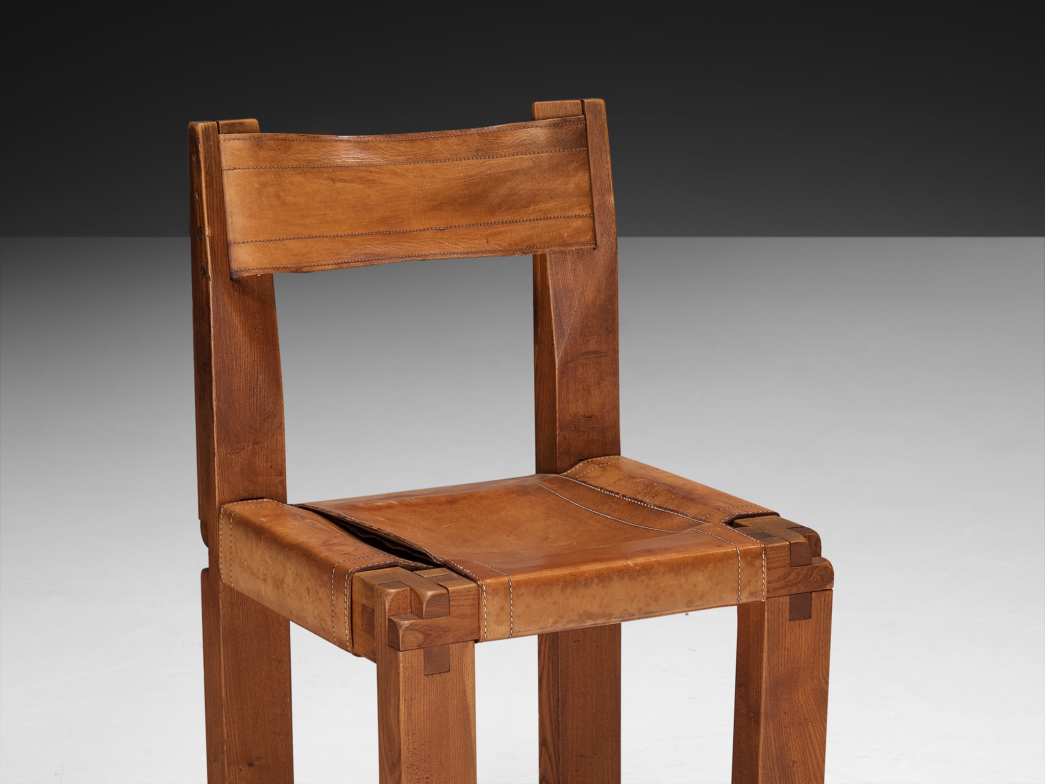 Early Pierre Chapo Set of Six 'S11' Dining Chairs in Elm and Cognac Leather Seating Morentz