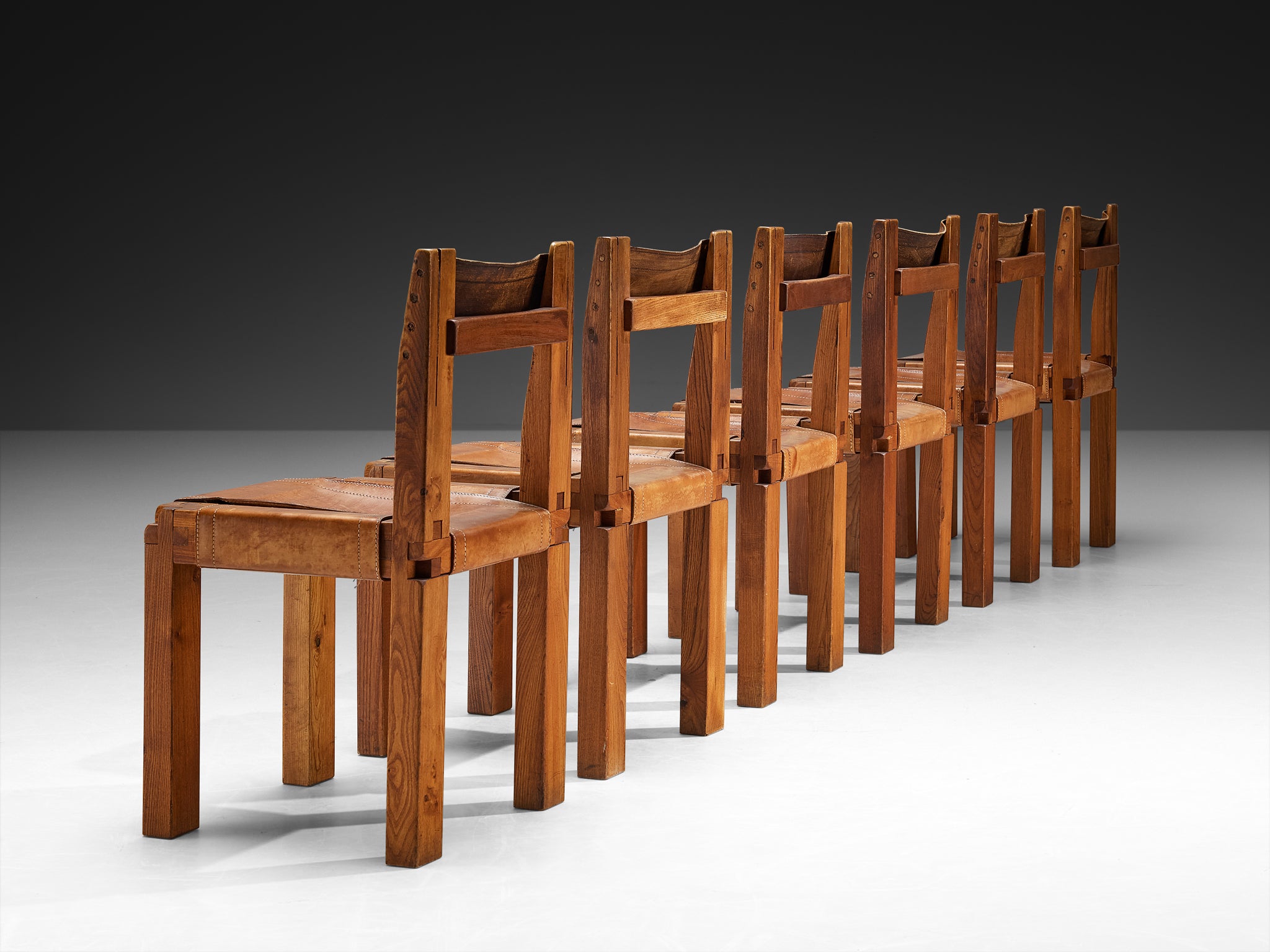 Early Pierre Chapo Set of Six 'S11' Dining Chairs in Elm and Cognac Leather Seating Morentz