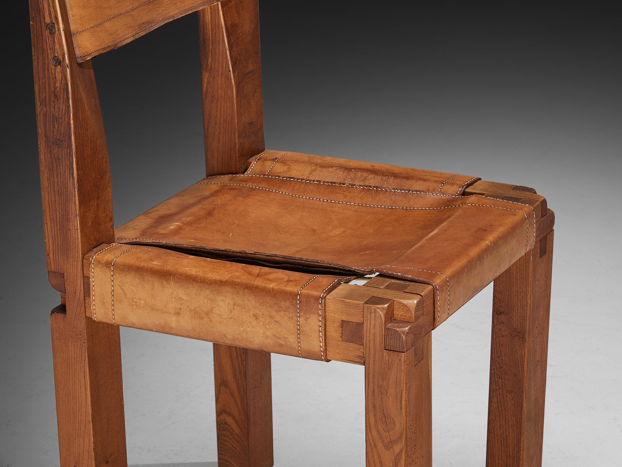 Early Pierre Chapo Set of Six 'S11' Dining Chairs in Elm and Cognac Leather Seating Morentz