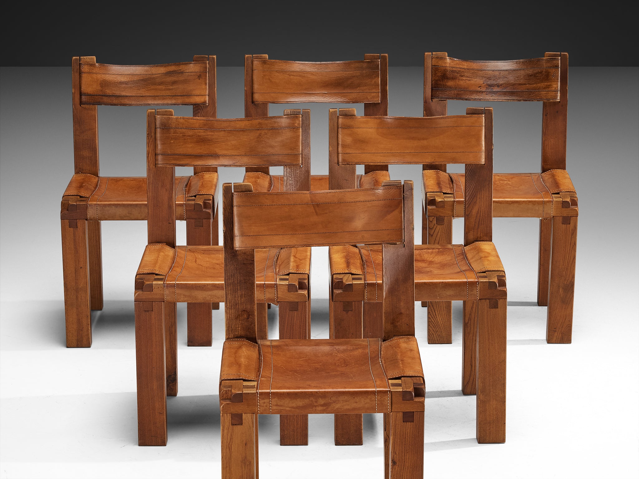 Early Pierre Chapo Set of Six 'S11' Dining Chairs in Elm and Cognac Leather Seating Morentz