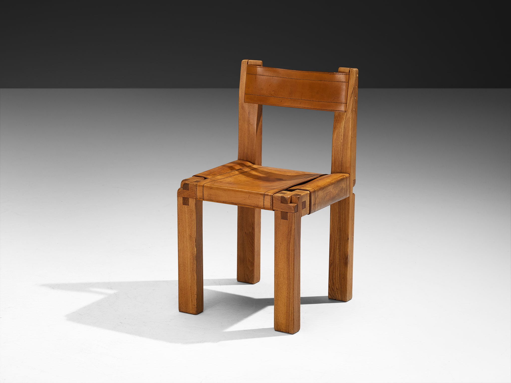 Early Pierre Chapo 'S11' Dining Chair in Elm and Cognac Leather Seating Morentz