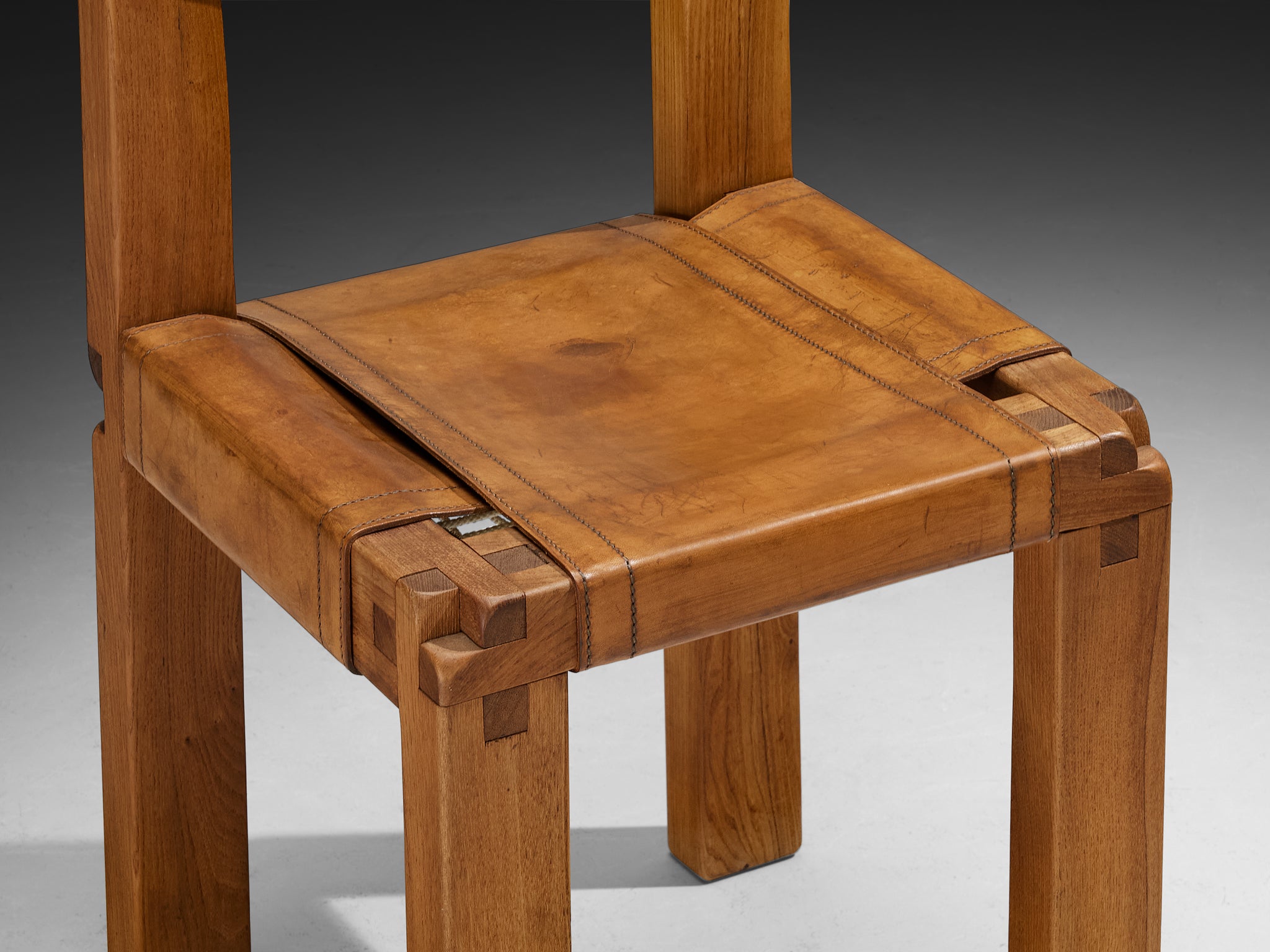 Early Pierre Chapo 'S11' Dining Chair in Elm and Cognac Leather Seating Morentz