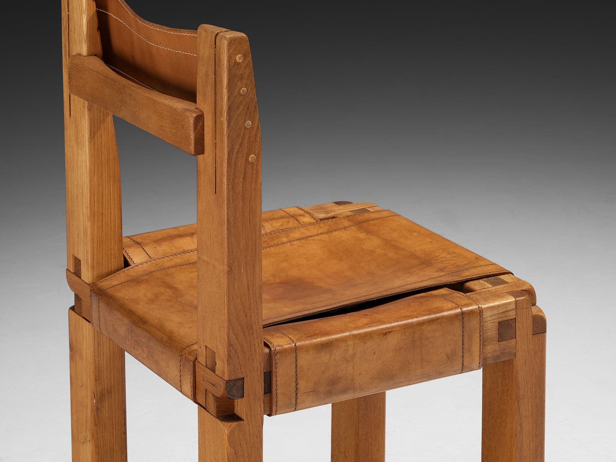 Early Pierre Chapo 'S11' Dining Chair in Elm and Cognac Leather Seating Morentz