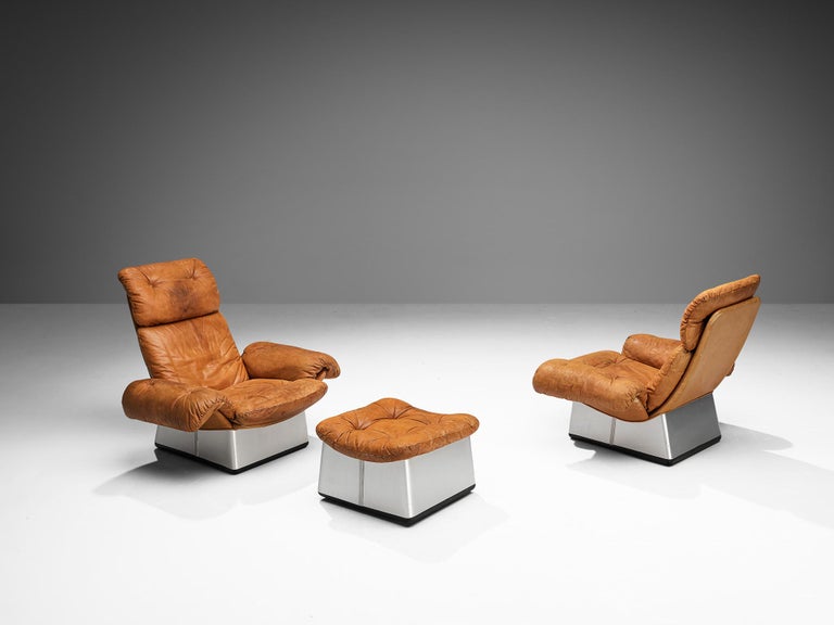 Italian Lounge Set with Chairs and Ottoman in Cognac Leather and Aluminum