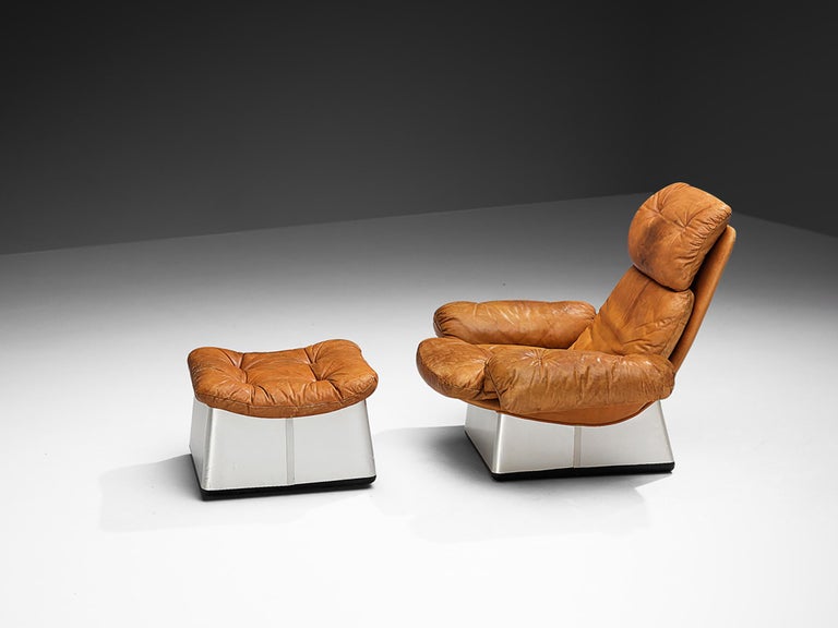 Italian Lounge Chair and Ottoman in Cognac Leather