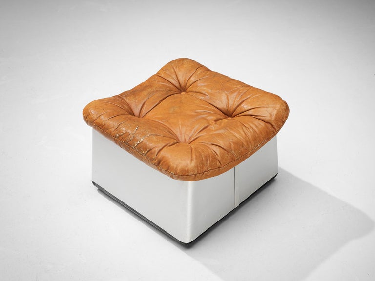 Italian Lounge Set with Chairs and Ottoman in Cognac Leather and Aluminum