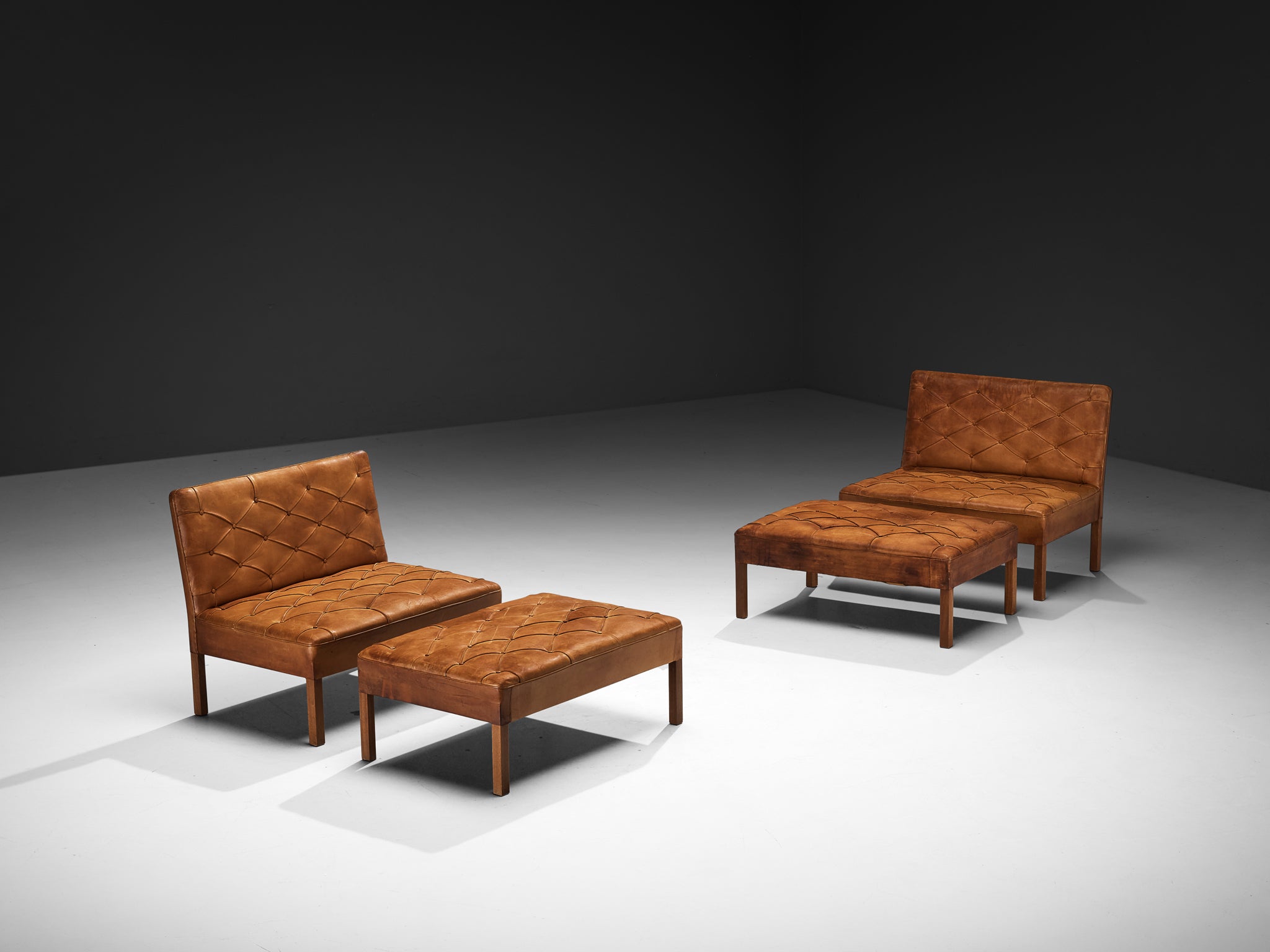 Kaare Klint for Rud Rasmussen Settees with Ottomans in Cognac Leather Mahogany Seating Morentz