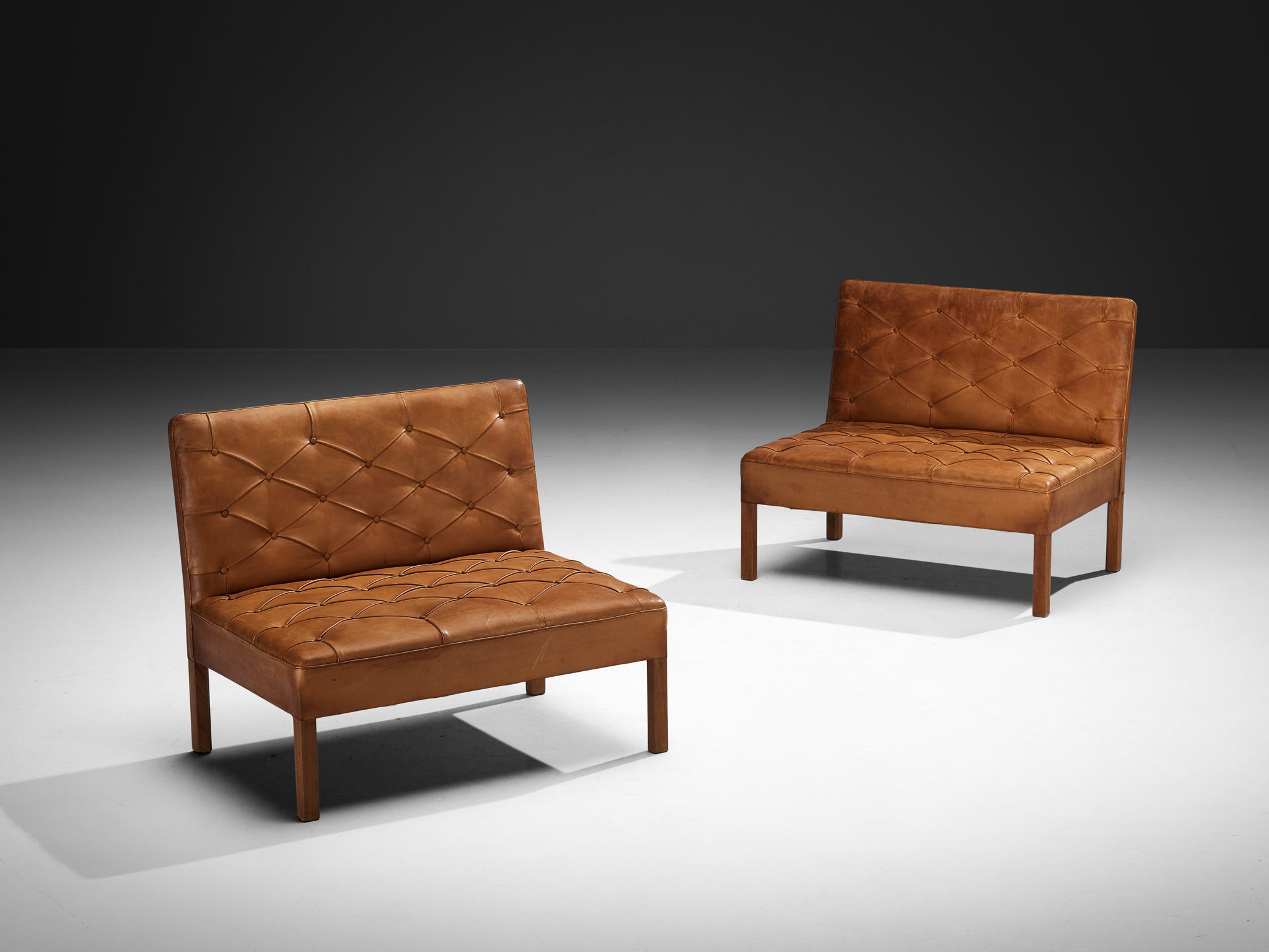 Kaare Klint for Rud Rasmussen Settees with Ottomans in Cognac Leather Mahogany Seating Morentz