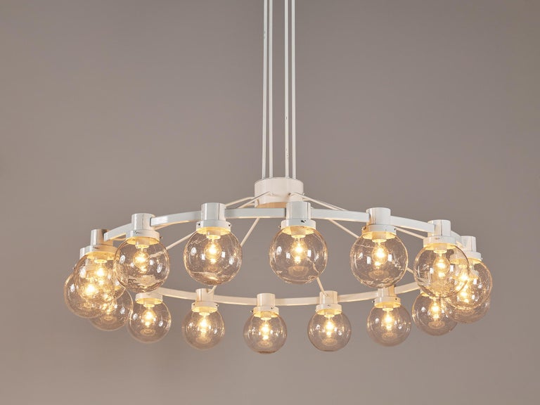 Large Chandelier in White Lacquered Metal with Hand Blown Glass Globes