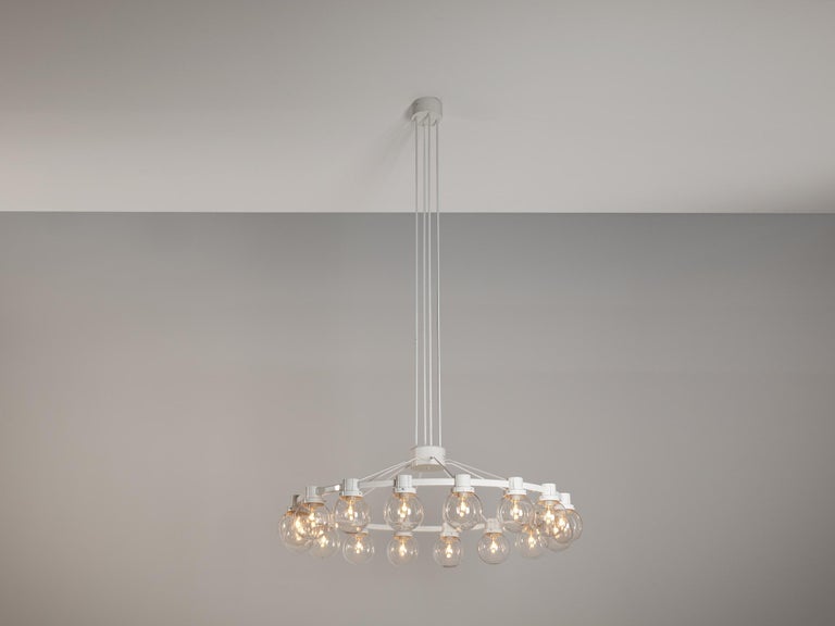 Large Chandelier in White Lacquered Metal with Hand Blown Glass Globes