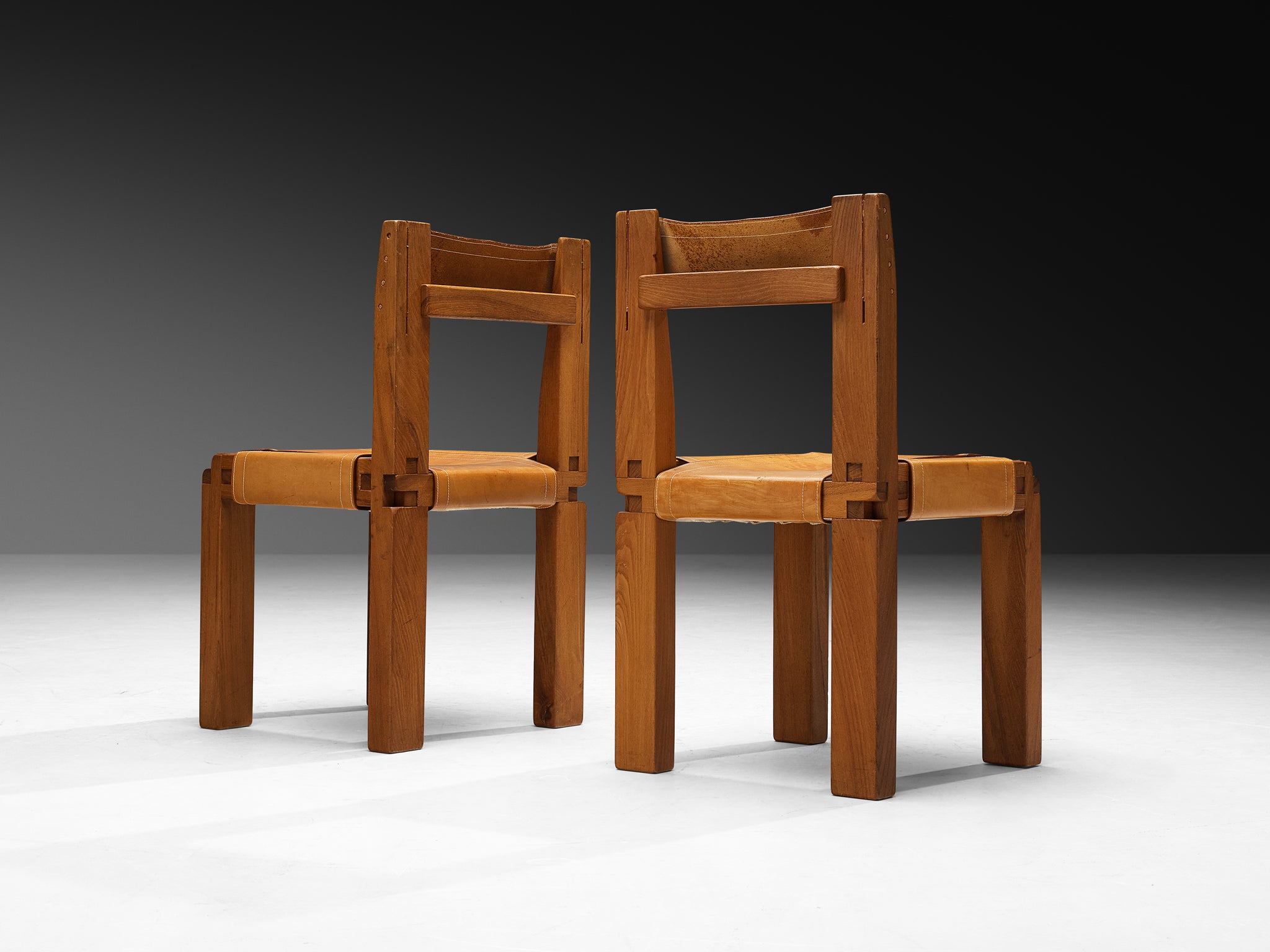 Early Pierre Chapo 'S11' Dining Chair in Solid Elm and Cognac Leather