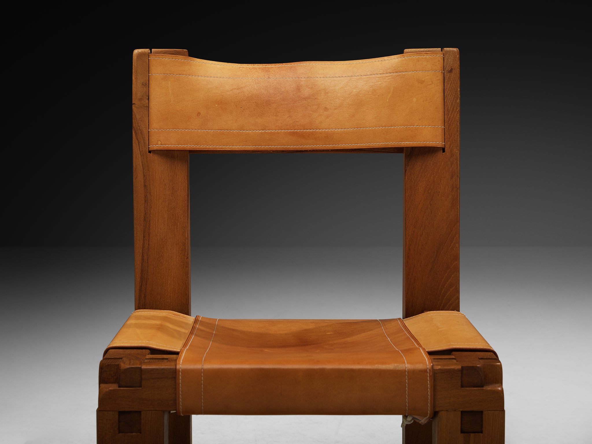 Early Pierre Chapo 'S11' Dining Chair in Solid Elm and Cognac Leather