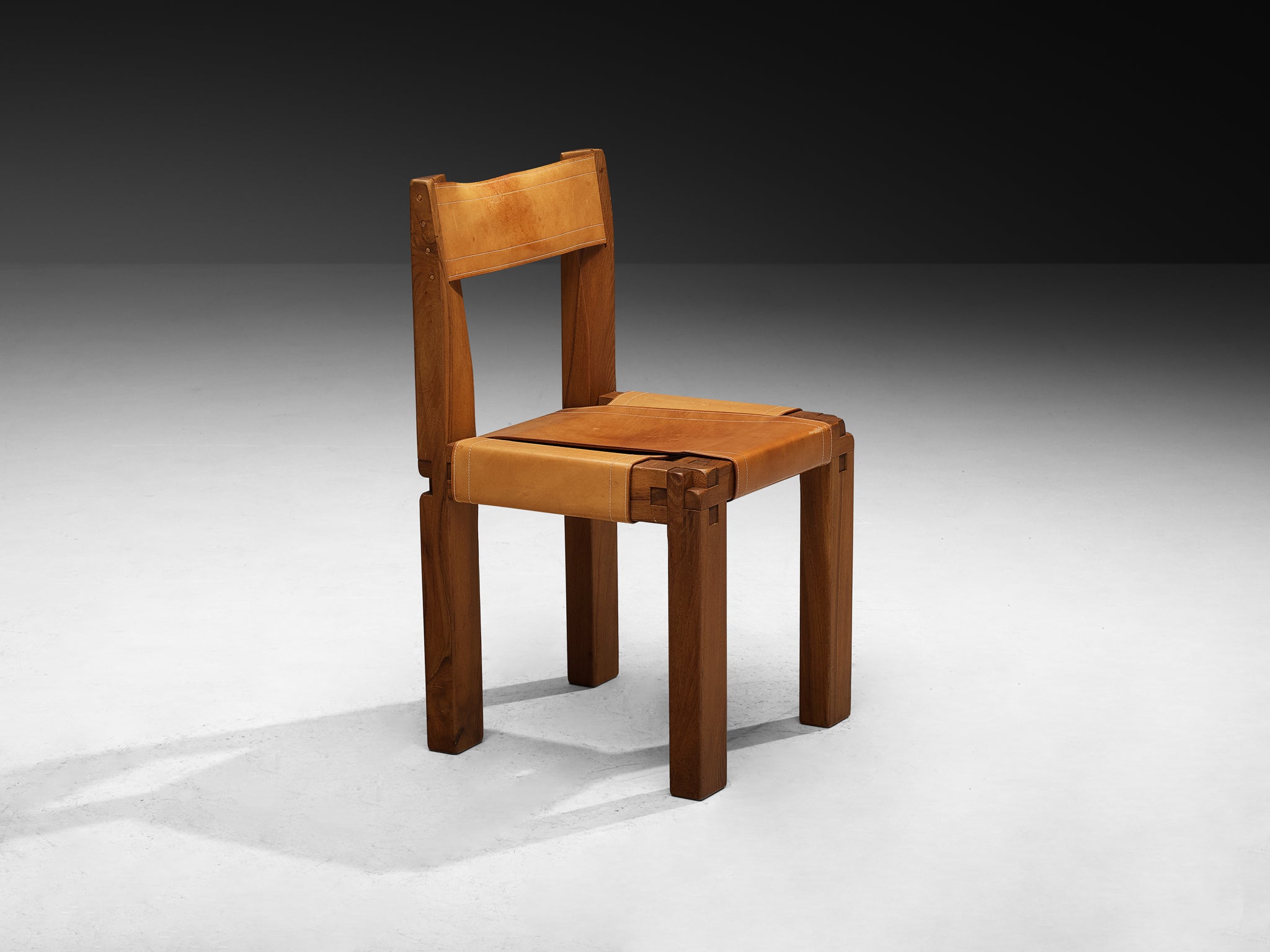 Early Pierre Chapo 'S11' Dining Chairs in Solid Elm and Cognac Leather Seating Morentz