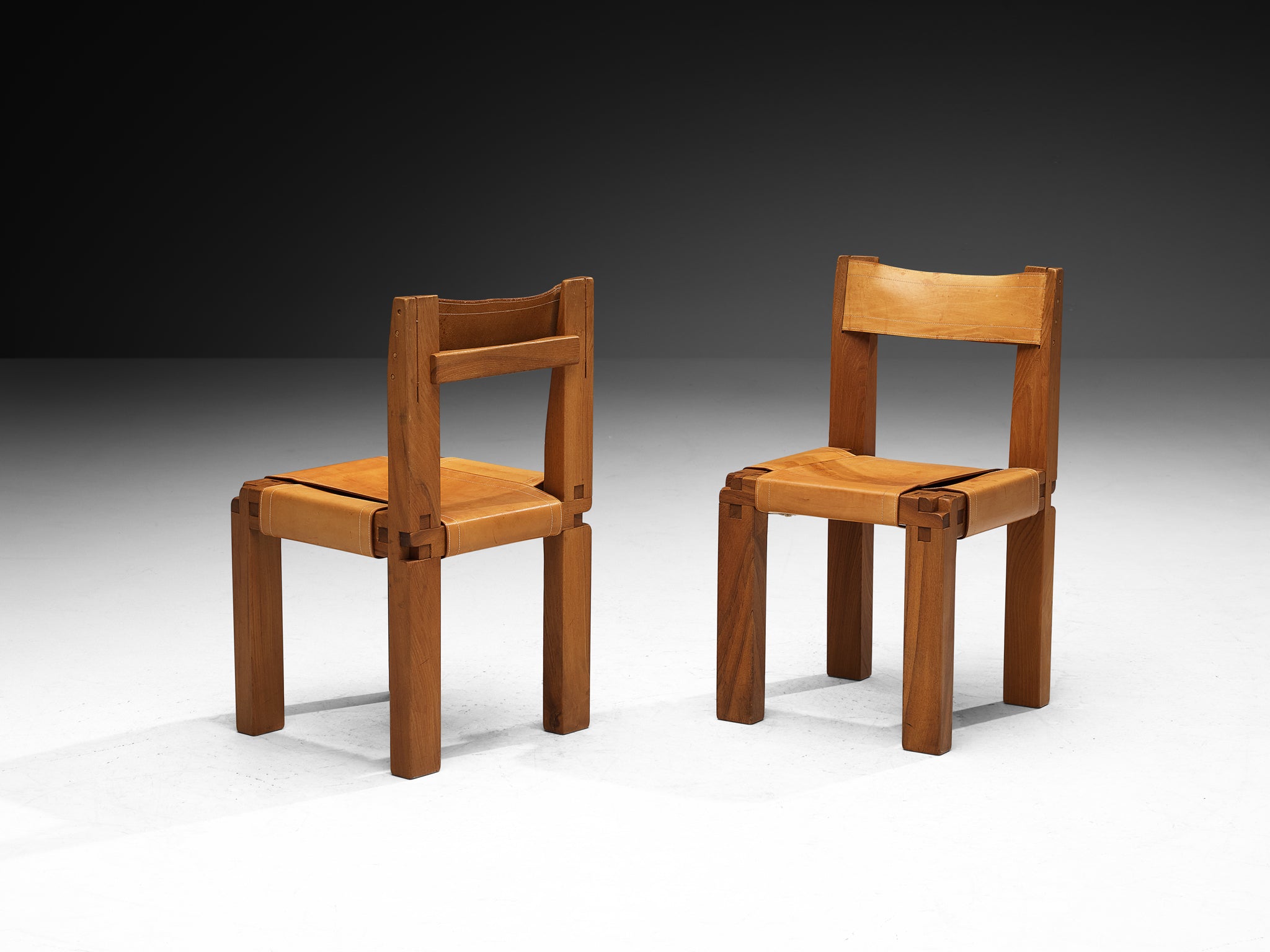 Early Pierre Chapo 'S11' Dining Chairs in Solid Elm and Cognac Leather Seating Morentz