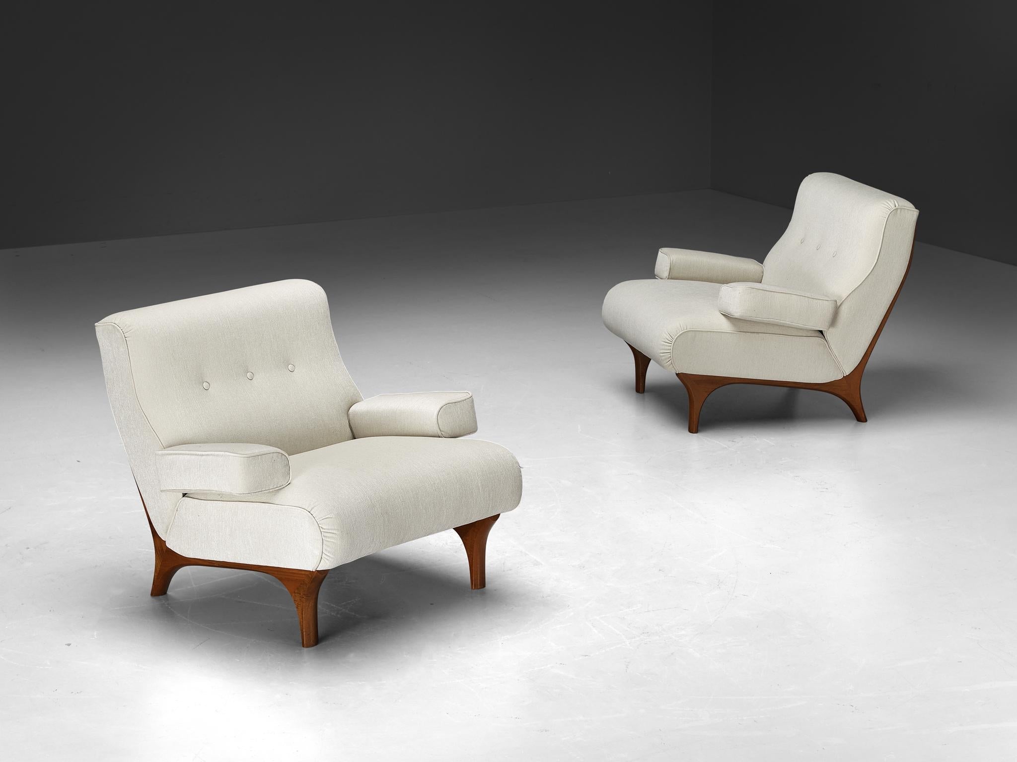 Eugenio Gerli for Tecno Pair of Lounge Chairs in Walnut and Chenille