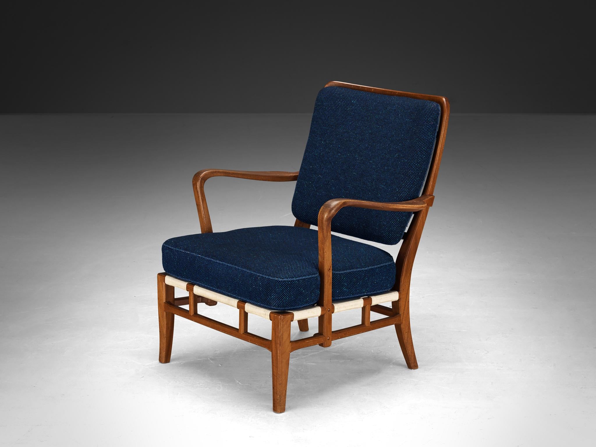 Carl-Axel Acking for Nk Hantverk Lounge Chair in Mahogany and Blue Wool seating Morentz