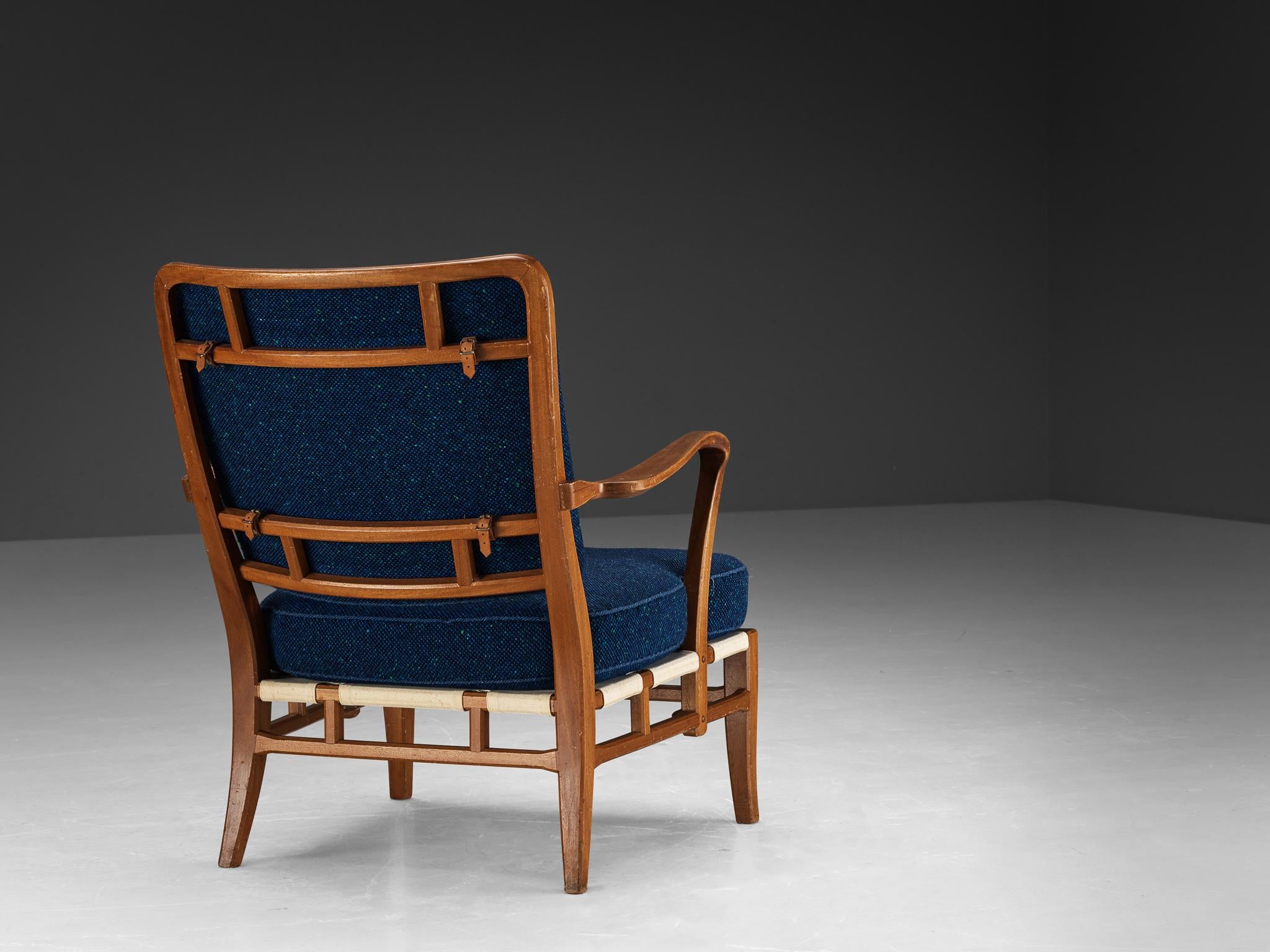 Carl-Axel Acking for Nk Hantverk Lounge Chair in Mahogany and Blue Wool seating Morentz
