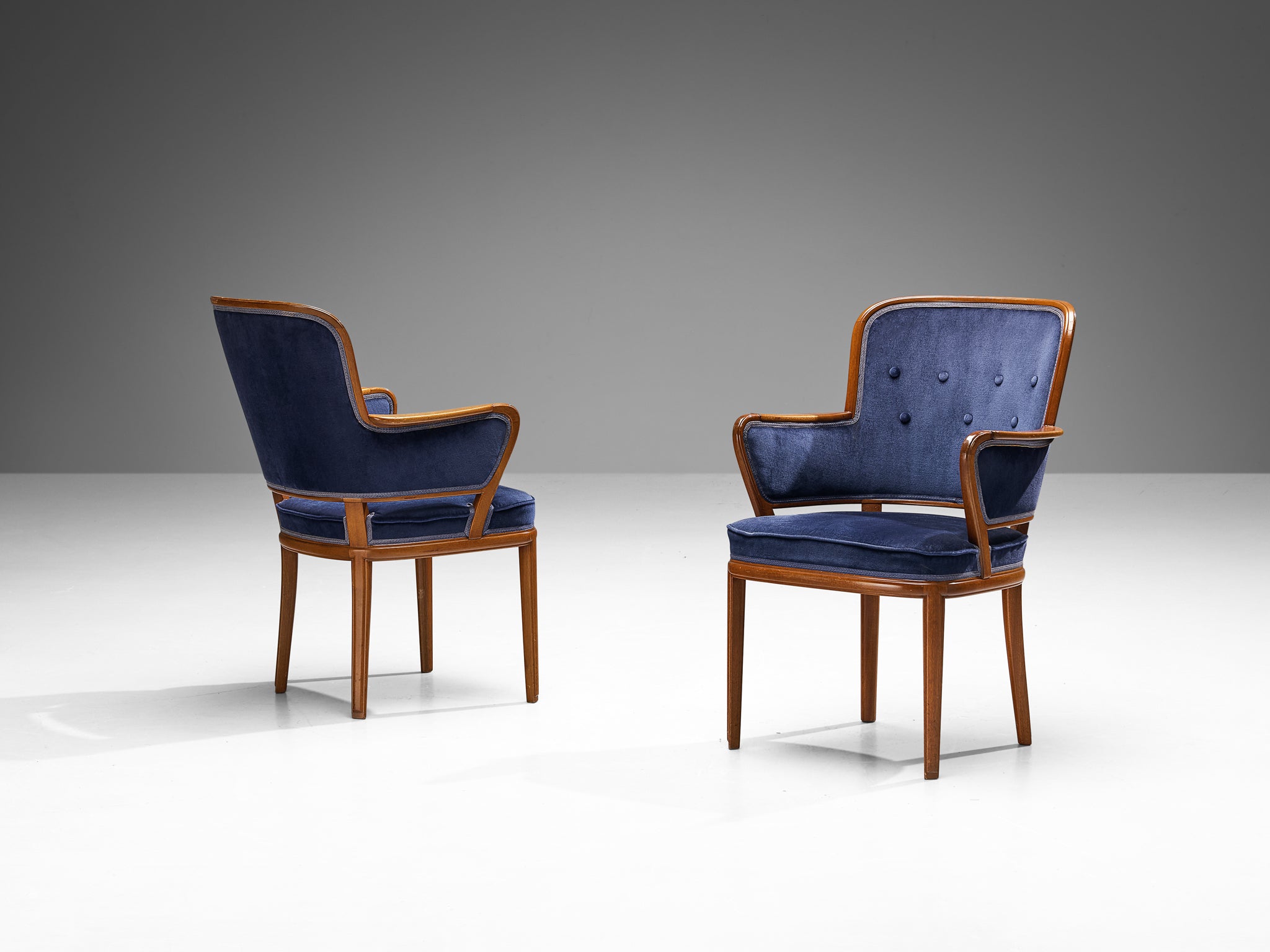Carl Malmsten Set of Eight Armchairs in Mahogany and Blue Upholstery Seating Morentz