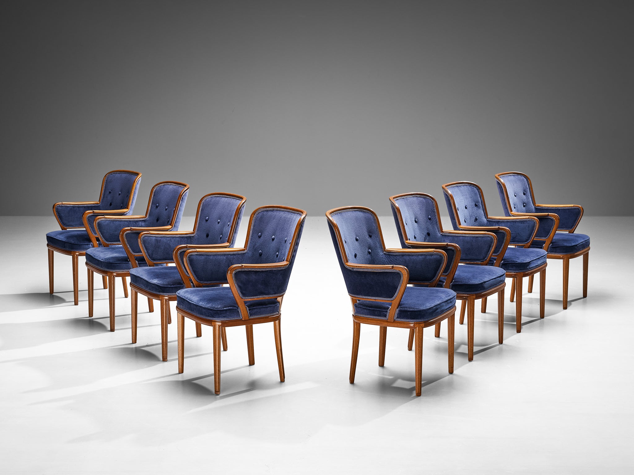 Carl Malmsten Set of Eight Armchairs in Mahogany and Blue Upholstery Seating Morentz