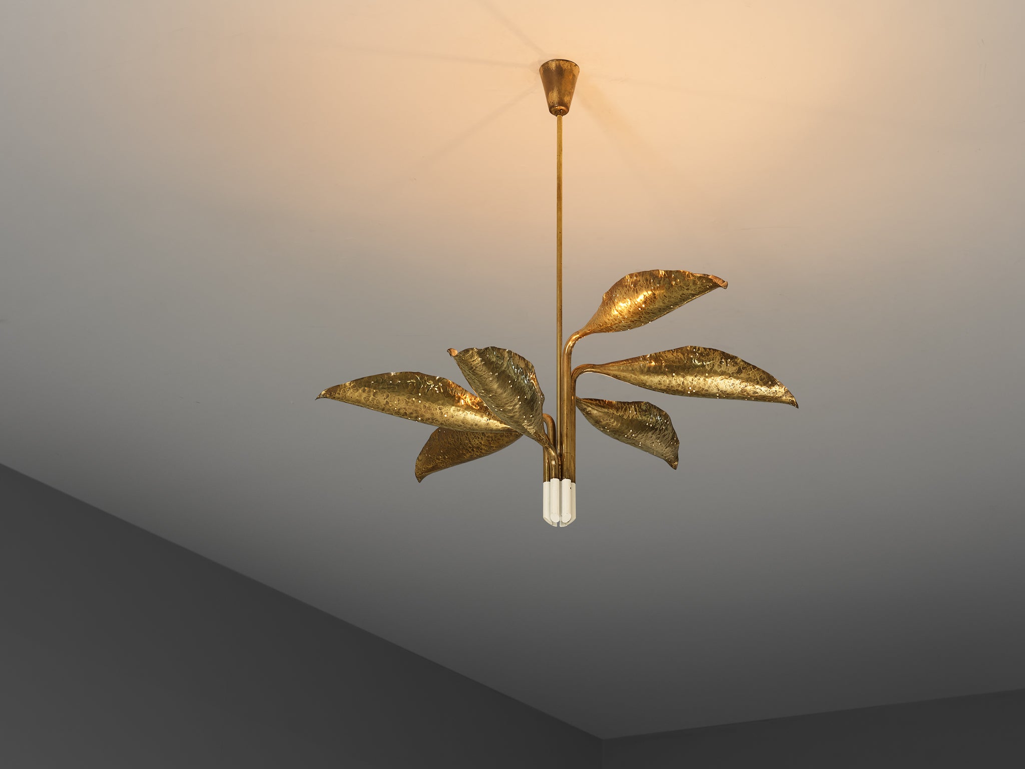 Angelo Lelii for Arredoluce Chandelier in Hammered Brass Lighting Morentz