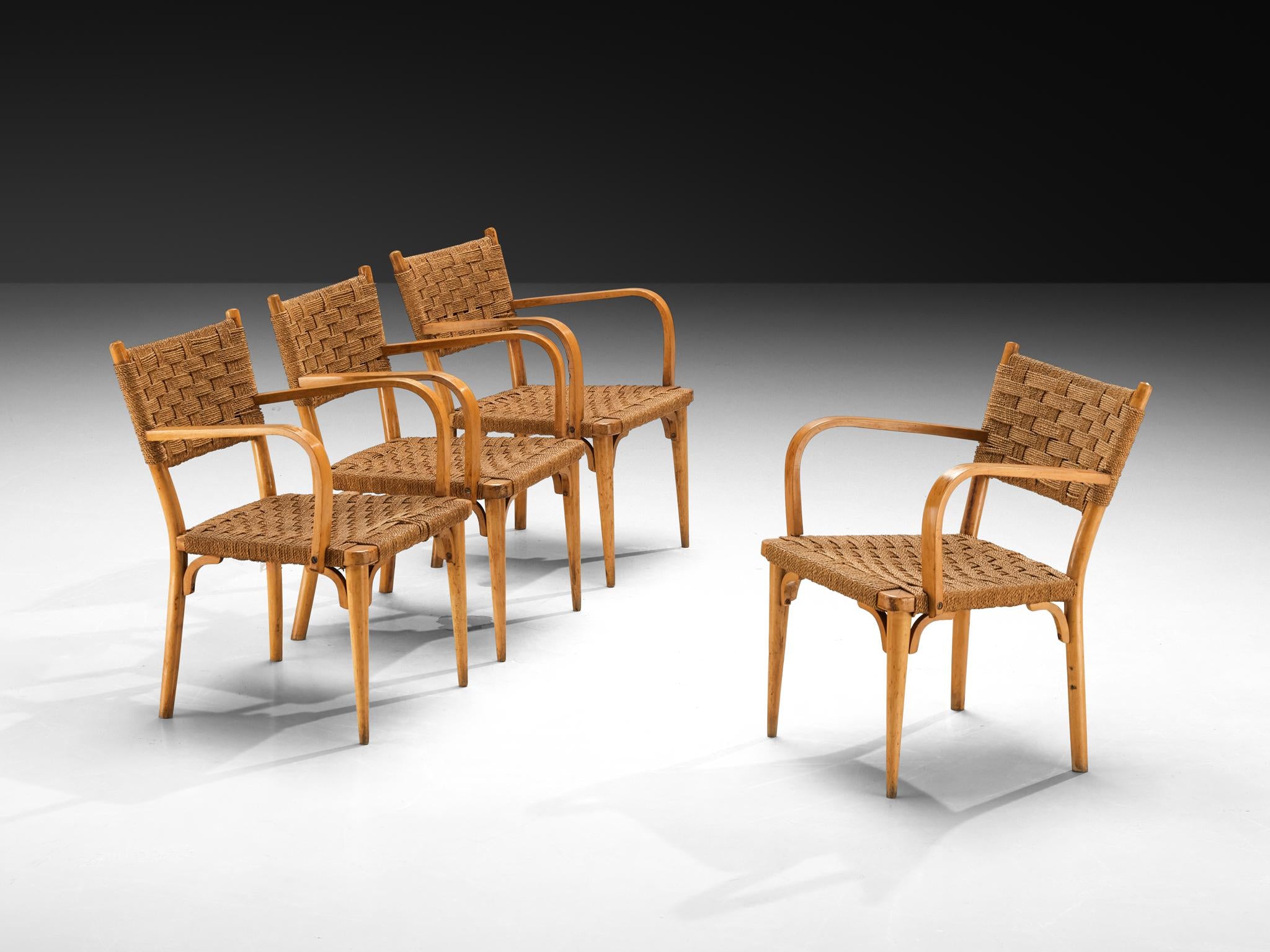 Italian Set of Four Armchairs in Braided Straw and Blonde Wood seating Morentz