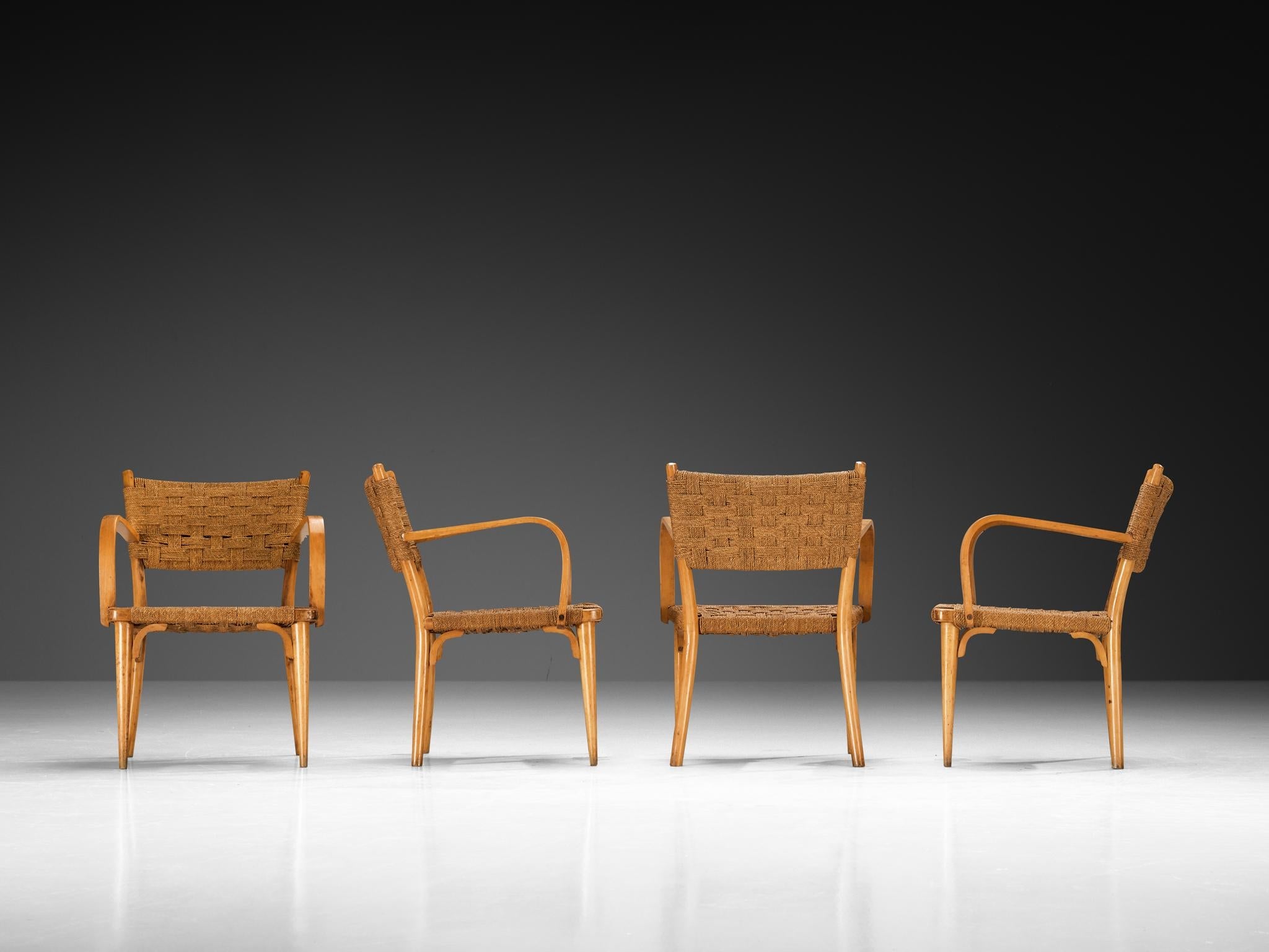 Italian Set of Four Armchairs in Braided Straw and Blonde Wood seating Morentz