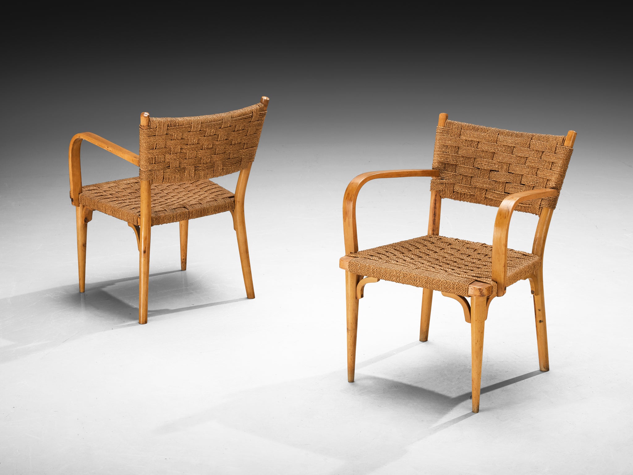 Italian Pair of Armchairs in Braided Straw and Blonde Wood seating Morentz