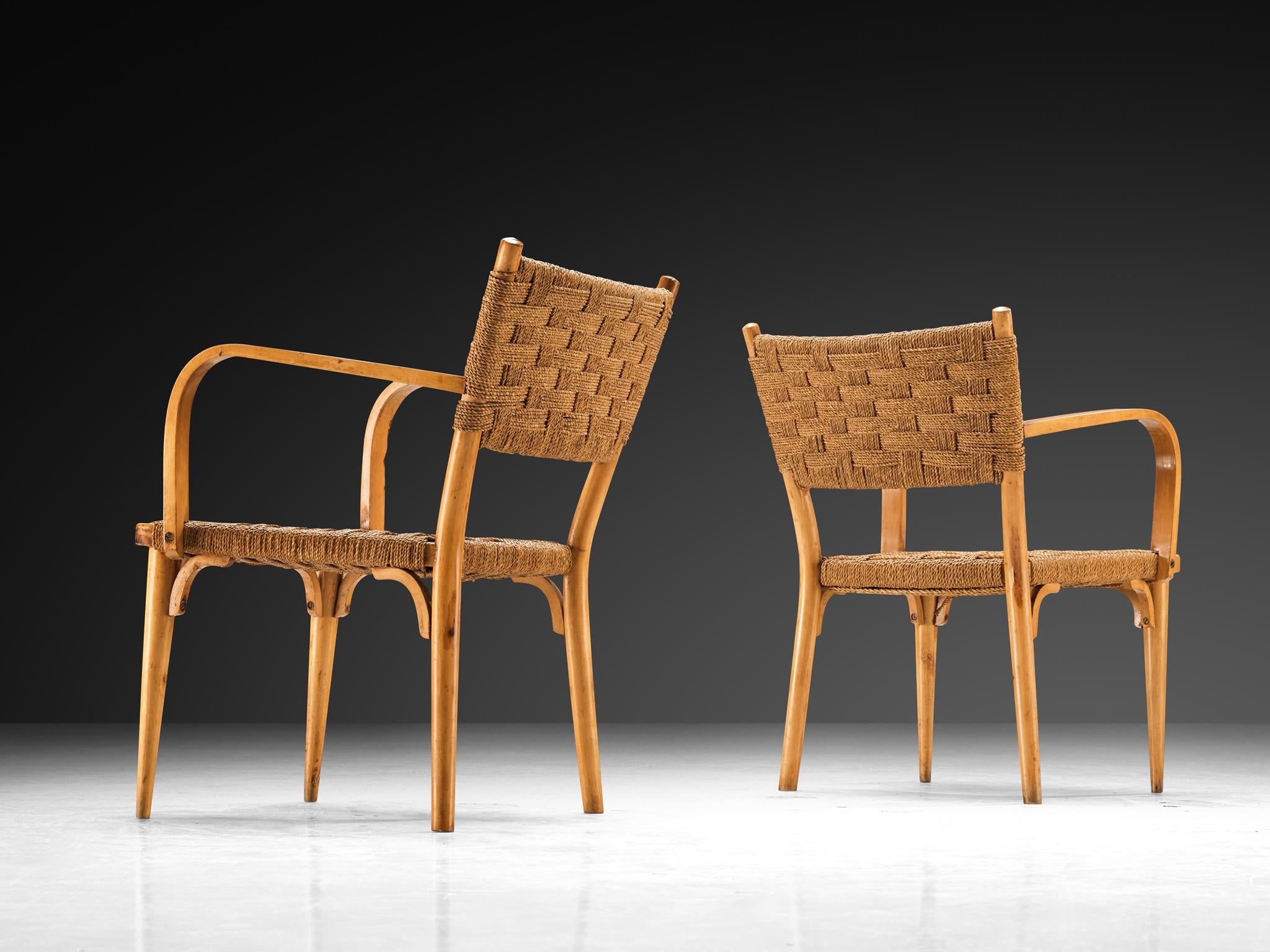 Italian Set of Four Armchairs in Braided Straw and Blonde Wood seating Morentz