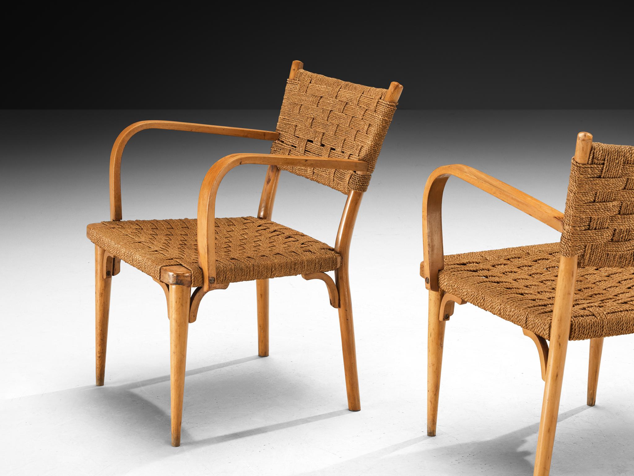 Italian Set of Four Armchairs in Braided Straw and Blonde Wood seating Morentz