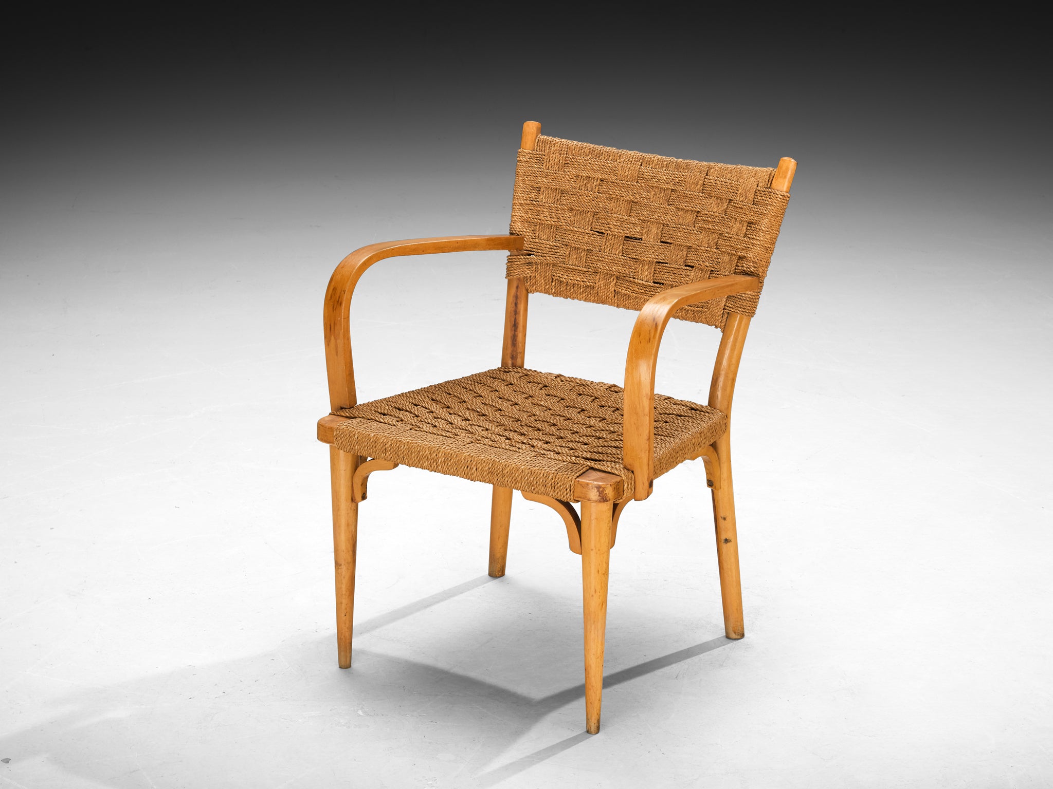 Italian Pair of Armchairs in Braided Straw and Blonde Wood seating Morentz