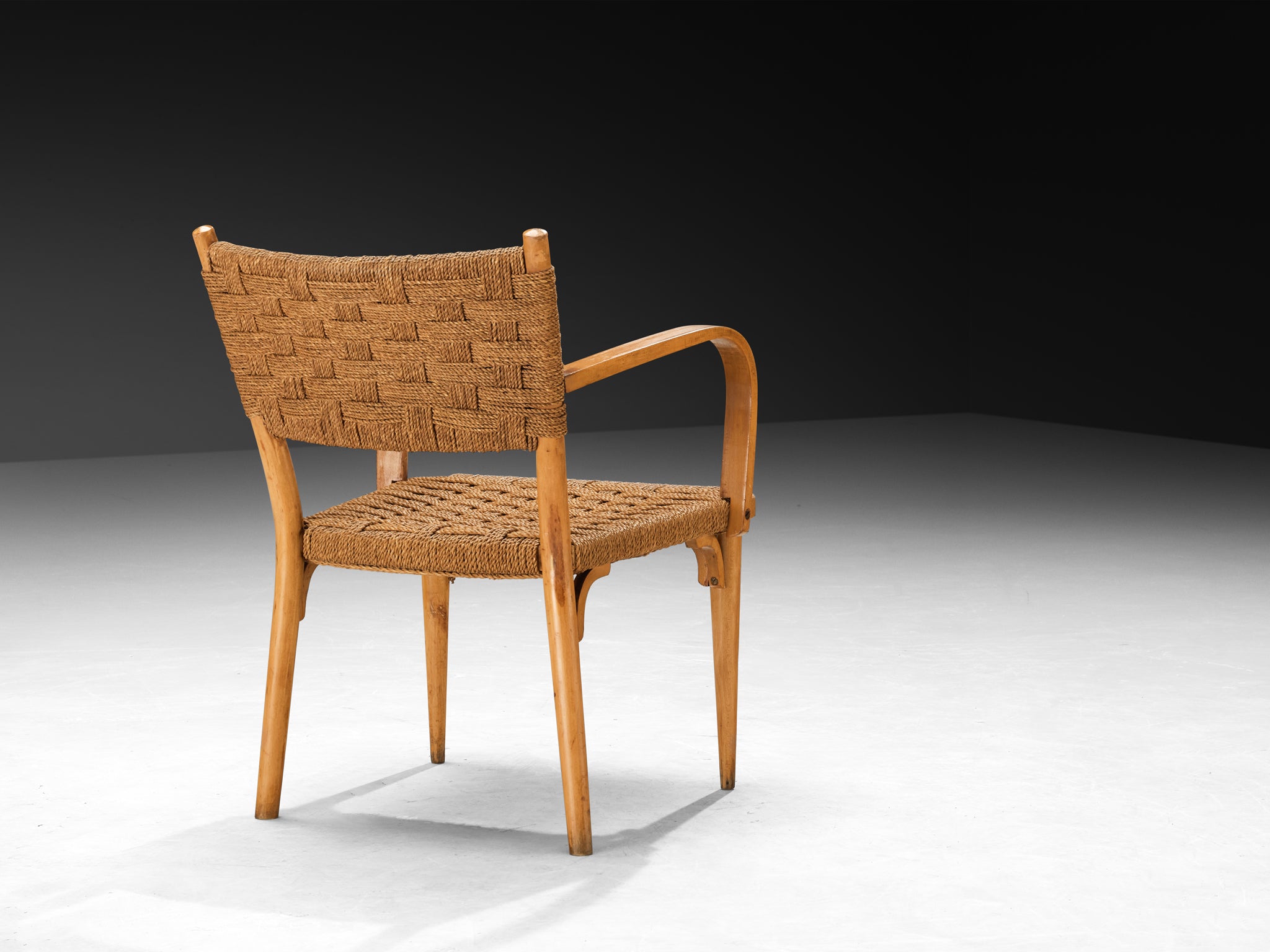 Italian Pair of Armchairs in Braided Straw and Blonde Wood seating Morentz