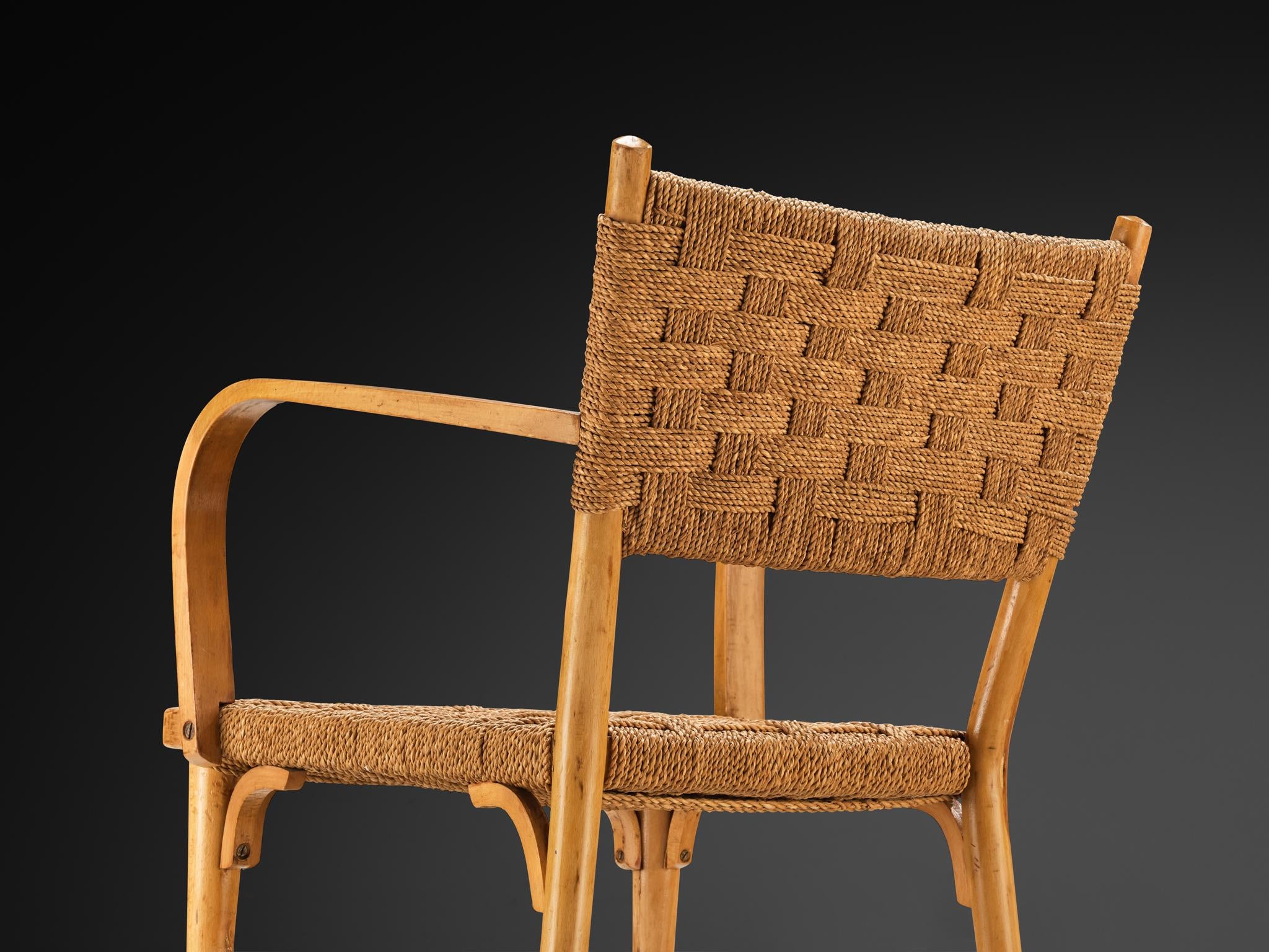 Italian Set of Four Armchairs in Braided Straw and Blonde Wood seating Morentz