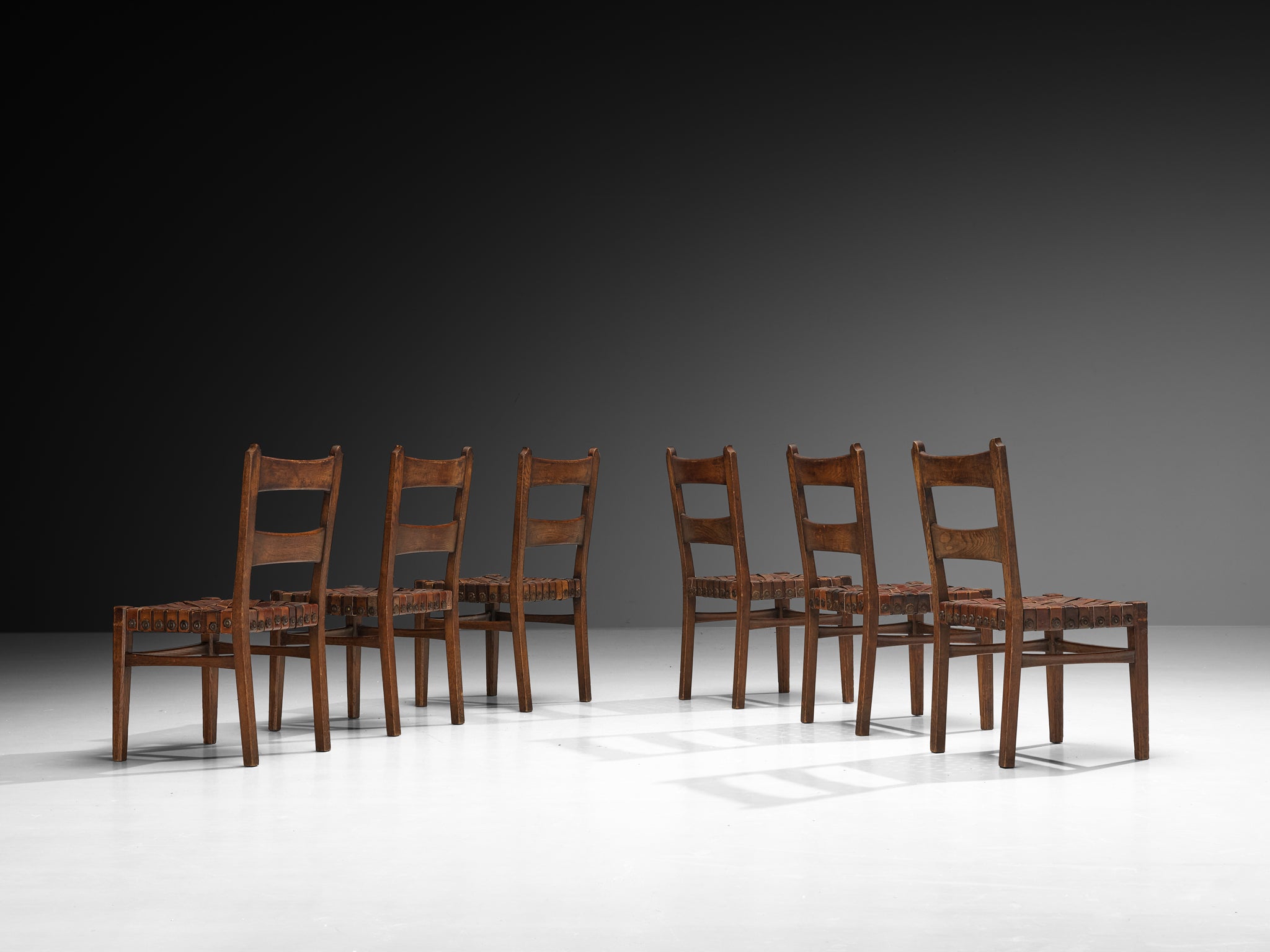 Ernesto Valabrega for Vittorio Valabrega Set of Six Dining Chairs in Oak and Leather Seating Morentz