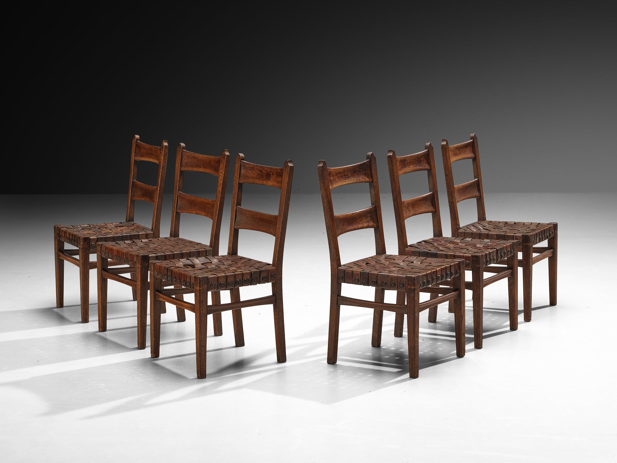 Ernesto Valabrega for Vittorio Valabrega Set of Six Dining Chairs in Oak and Leather Seating Morentz