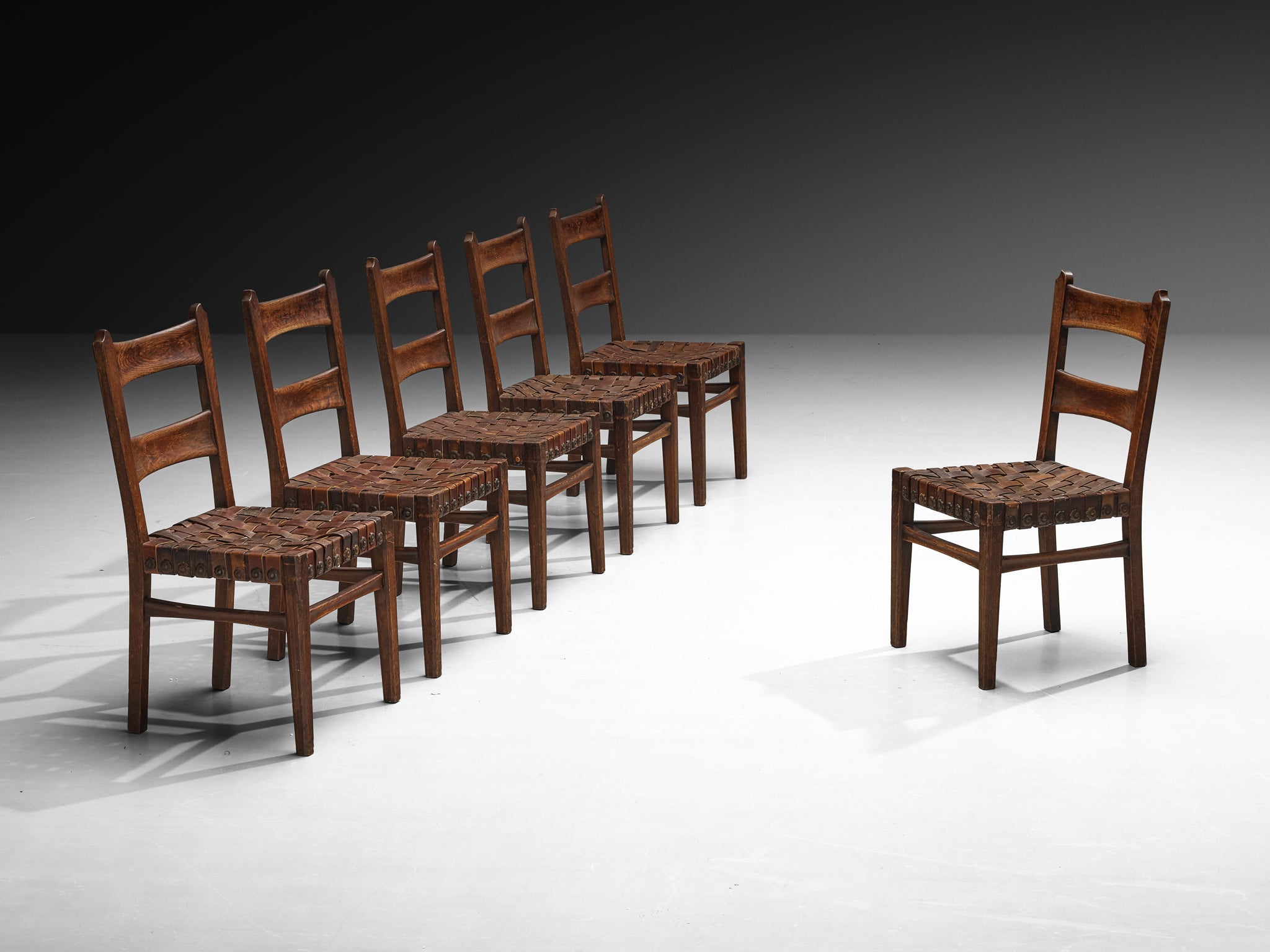Ernesto Valabrega for Vittorio Valabrega Set of Six Dining Chairs in Oak and Leather Seating Morentz