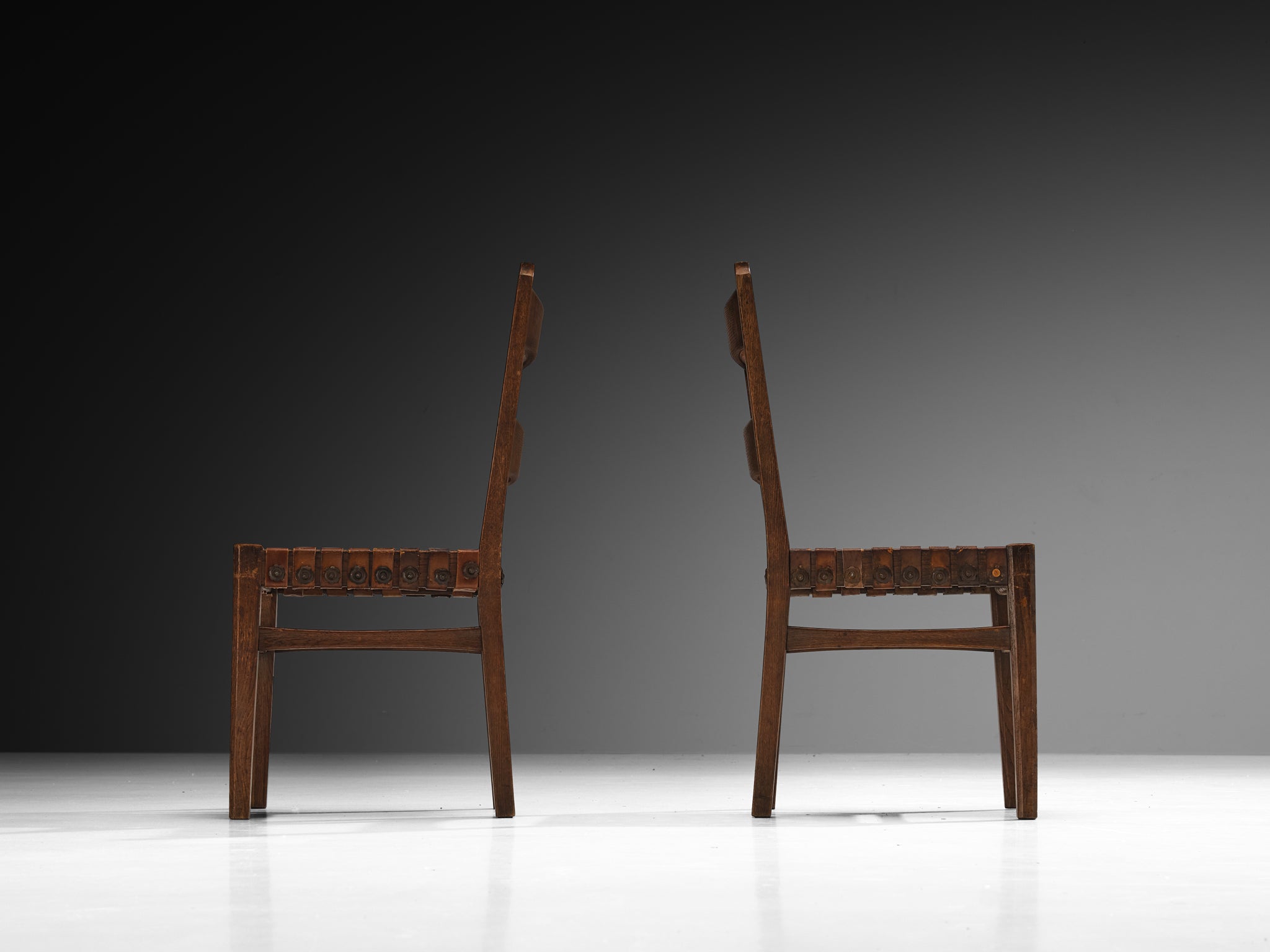 Ernesto Valabrega for Vittorio Valabrega Set of Six Dining Chairs in Oak and Leather Seating Morentz