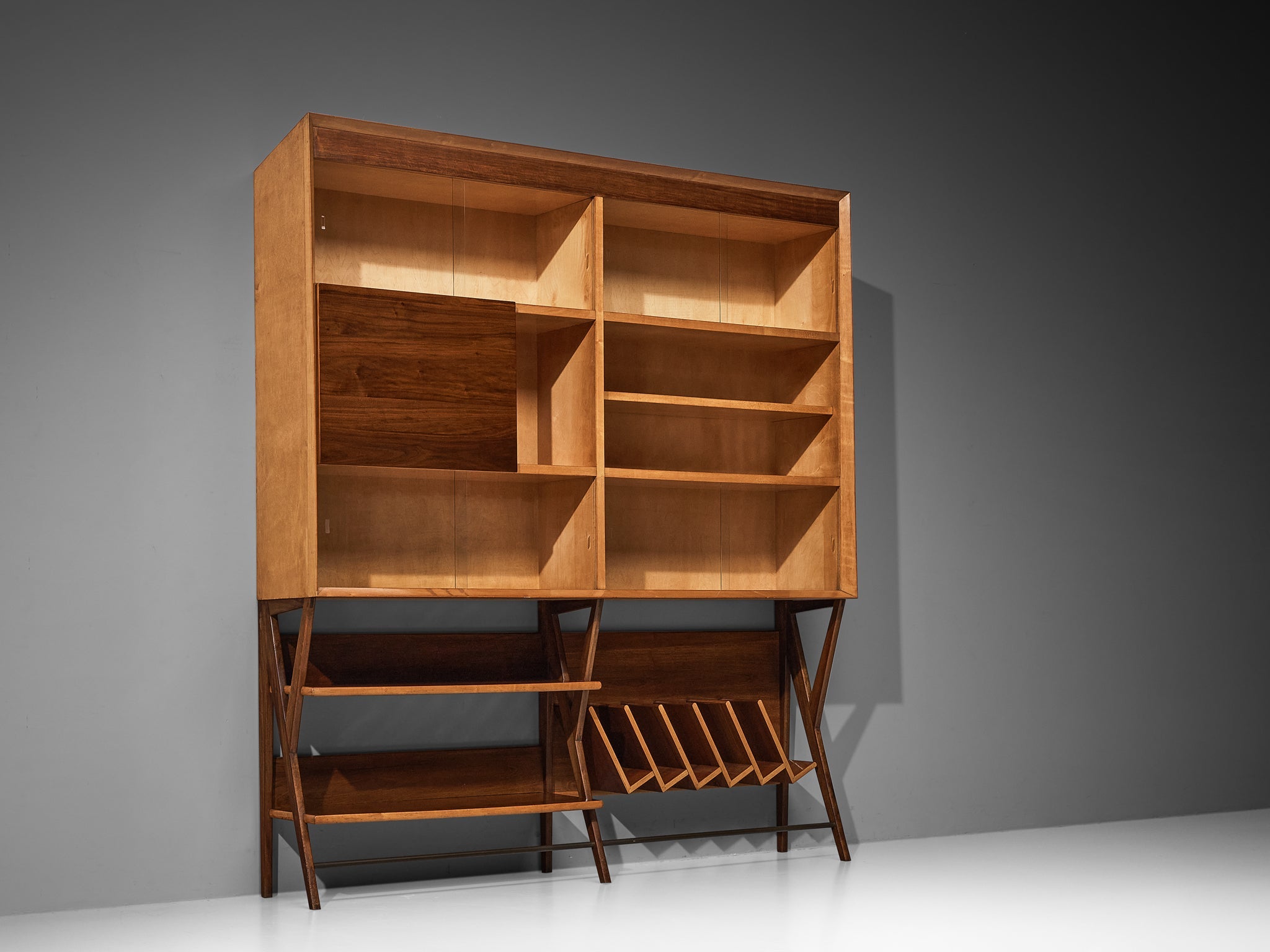 Mid-Century Modern Italian Wall Unit in Maple and Walnut case pieces and storage cabinets Morentz