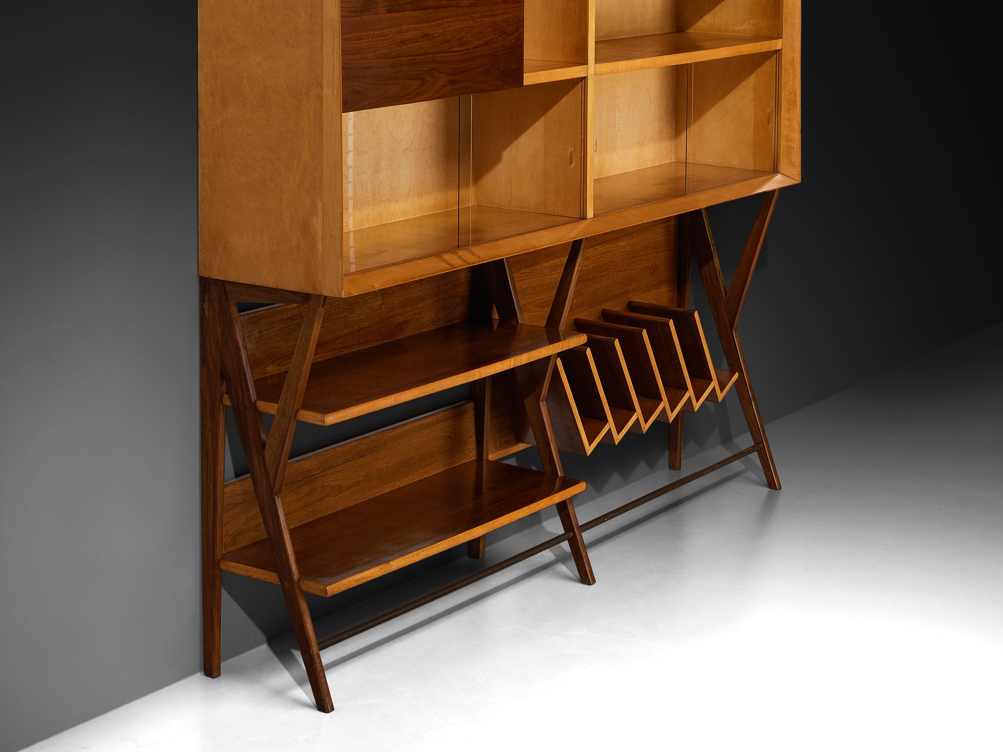Mid-Century Modern Italian Wall Unit in Maple and Walnut Case pieces and storage cabinets Morentz