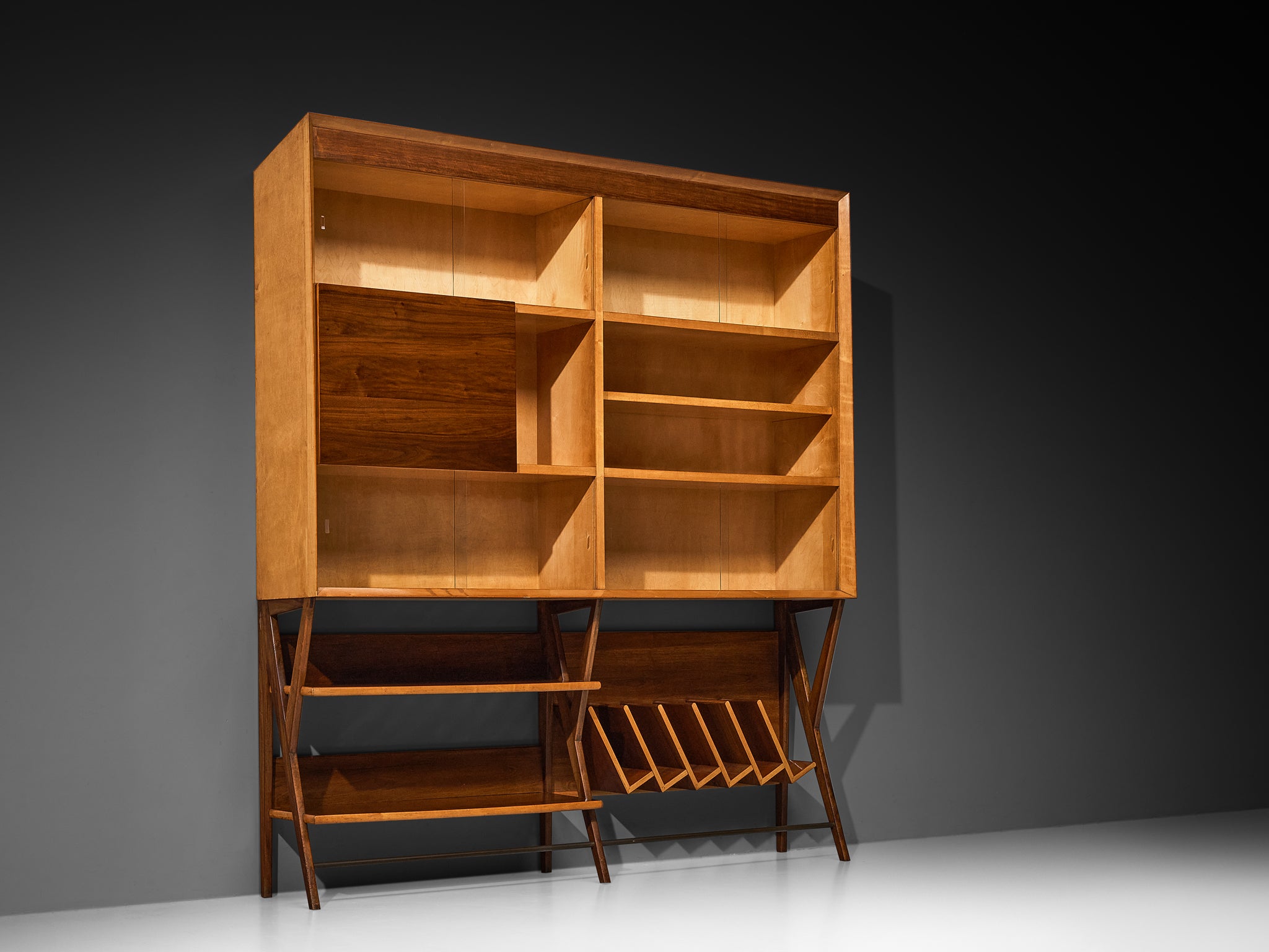 Mid-Century Modern Italian Wall Unit in Maple and Walnut Case pieces and storage cabinets Morentz