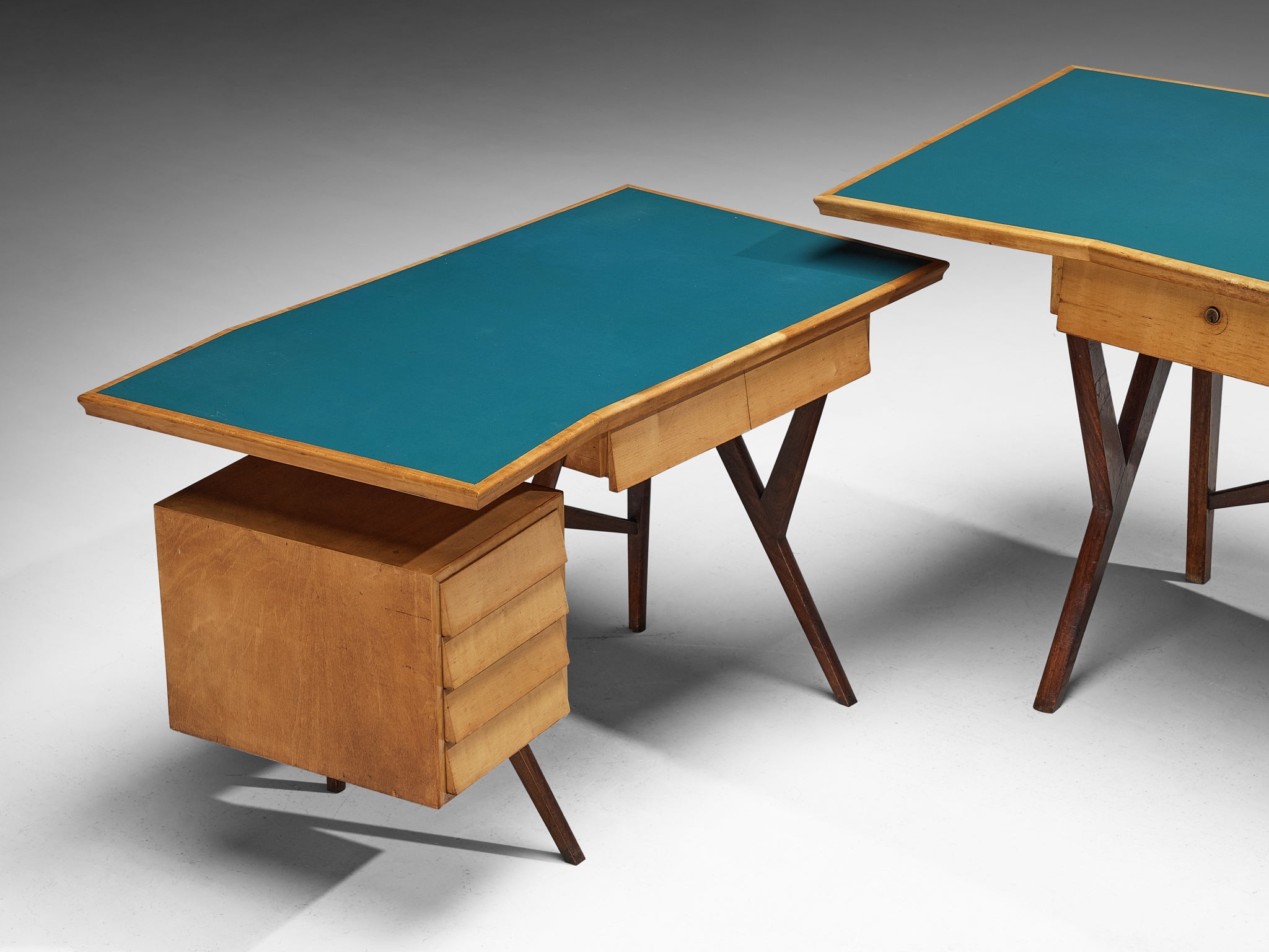 Mid-Century Italian Desk with Return in Mahogany and Maple with Turquoise Top tables Morentz