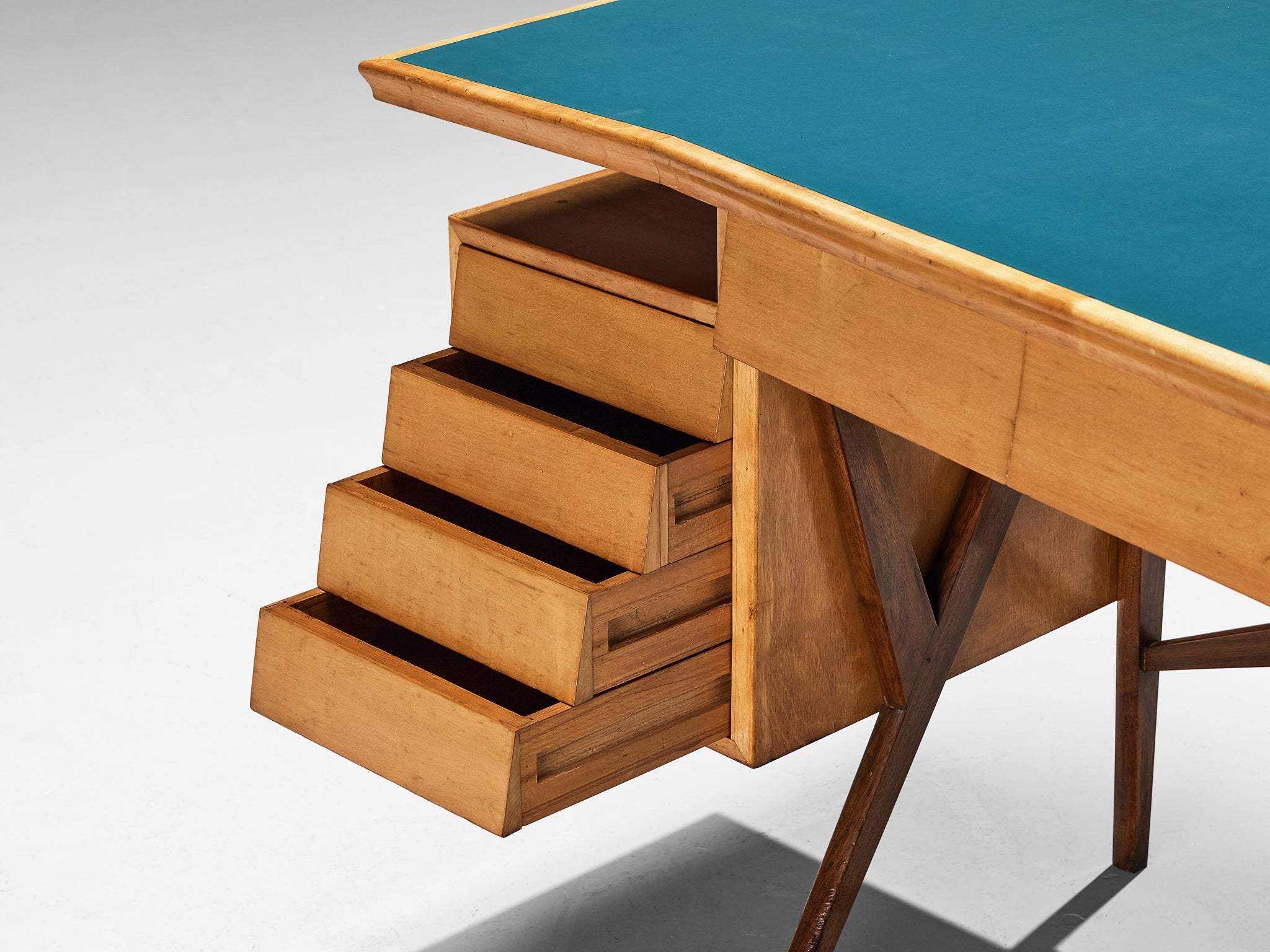 Mid-Century Italian Desk with Return in Mahogany and Maple with Turquoise Top tables Morentz