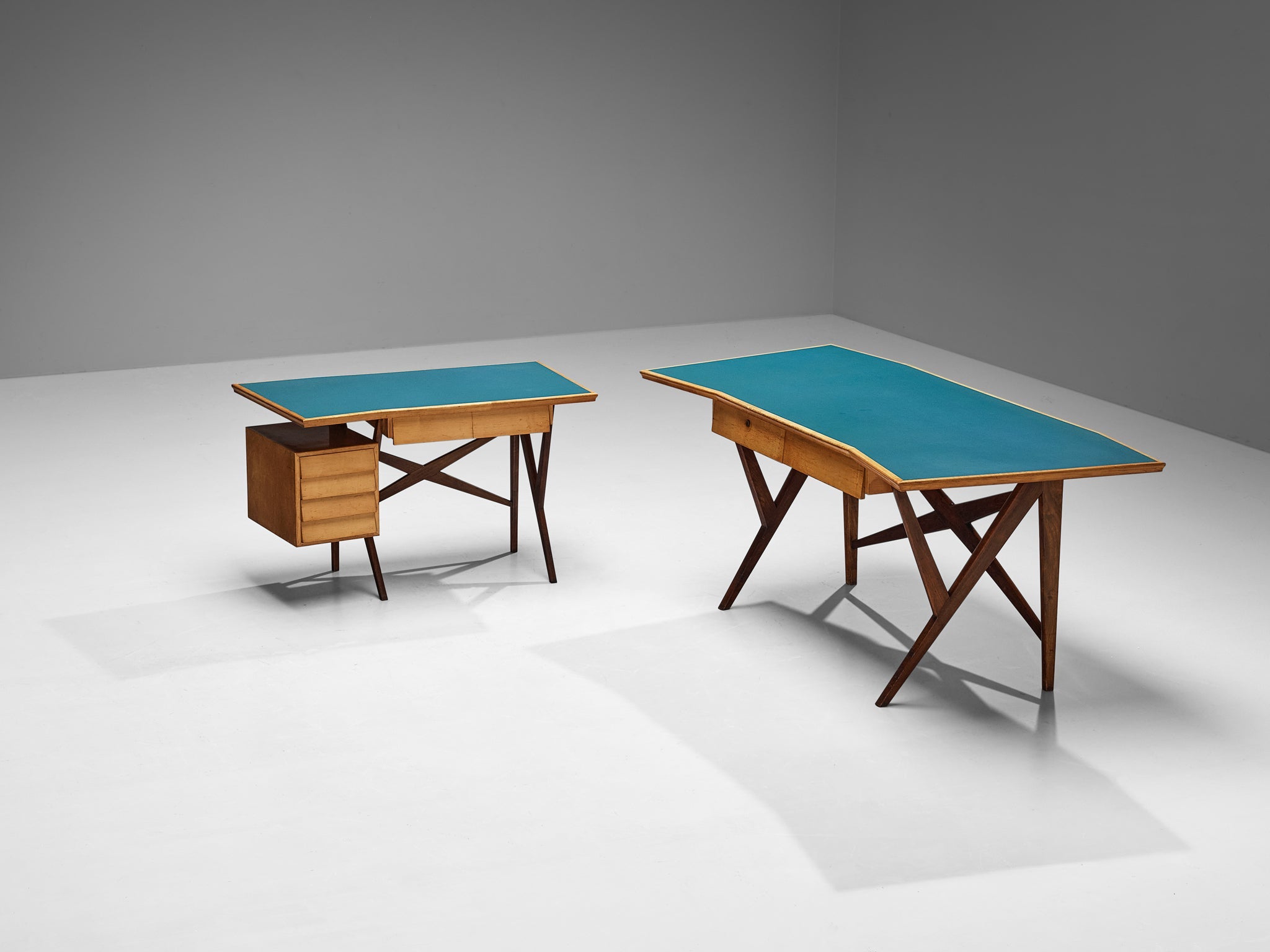 Mid-Century Italian Desk with Return in Mahogany and Maple with Turquoise Top tables Morentz