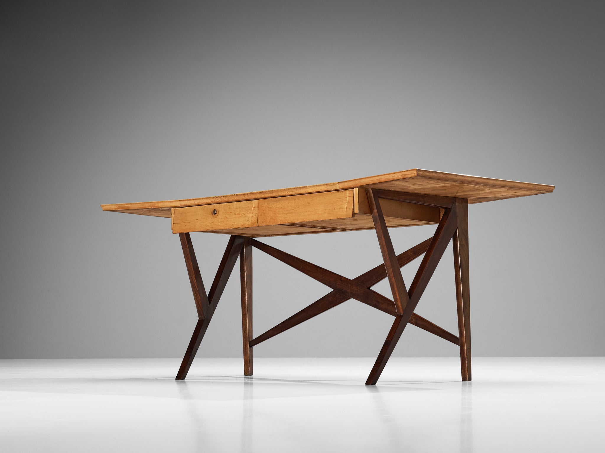 Mid-Century Italian Desk with Return in Mahogany and Maple with Turquoise Top tables Morentz