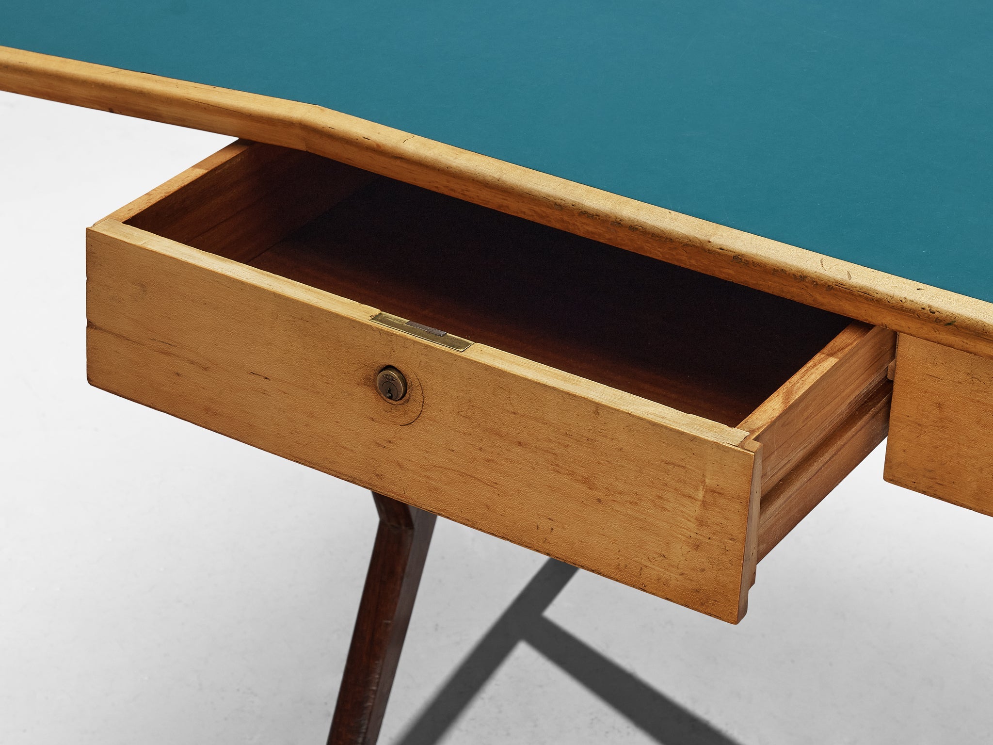 Mid-Century Italian Desk with Return in Mahogany and Maple with Turquoise Top tables Morentz